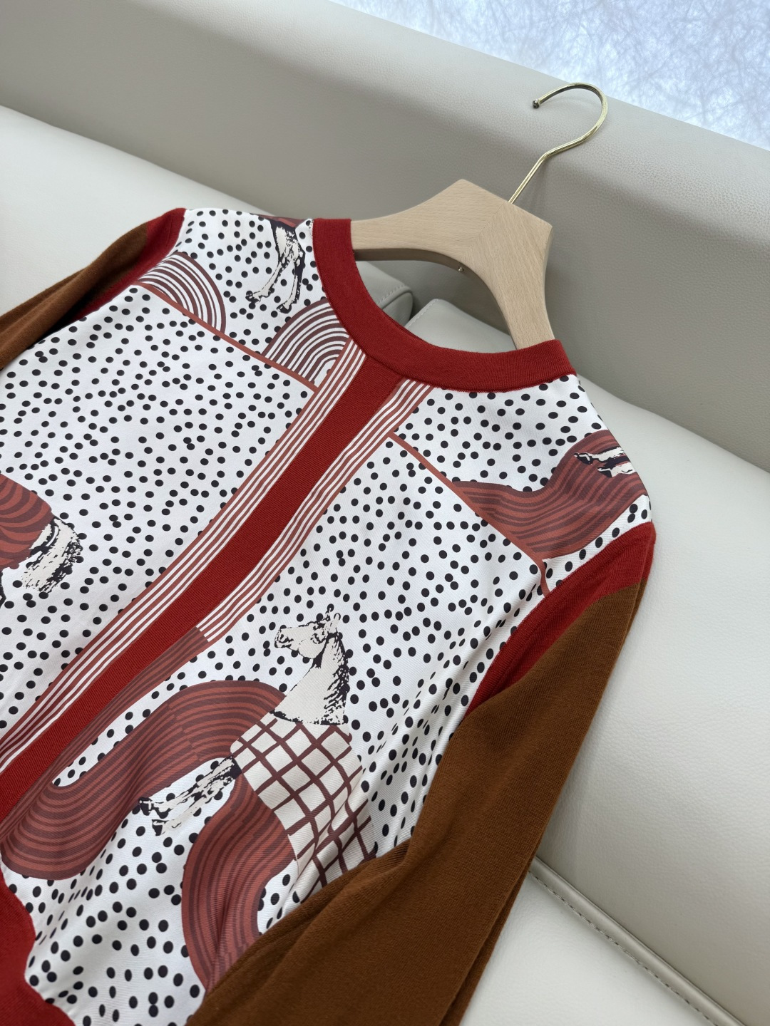 H32582#新款羊毛针织💕H家爱马仕 真丝印花拼接 羊毛针织衫 红色 咖色 S-X XL