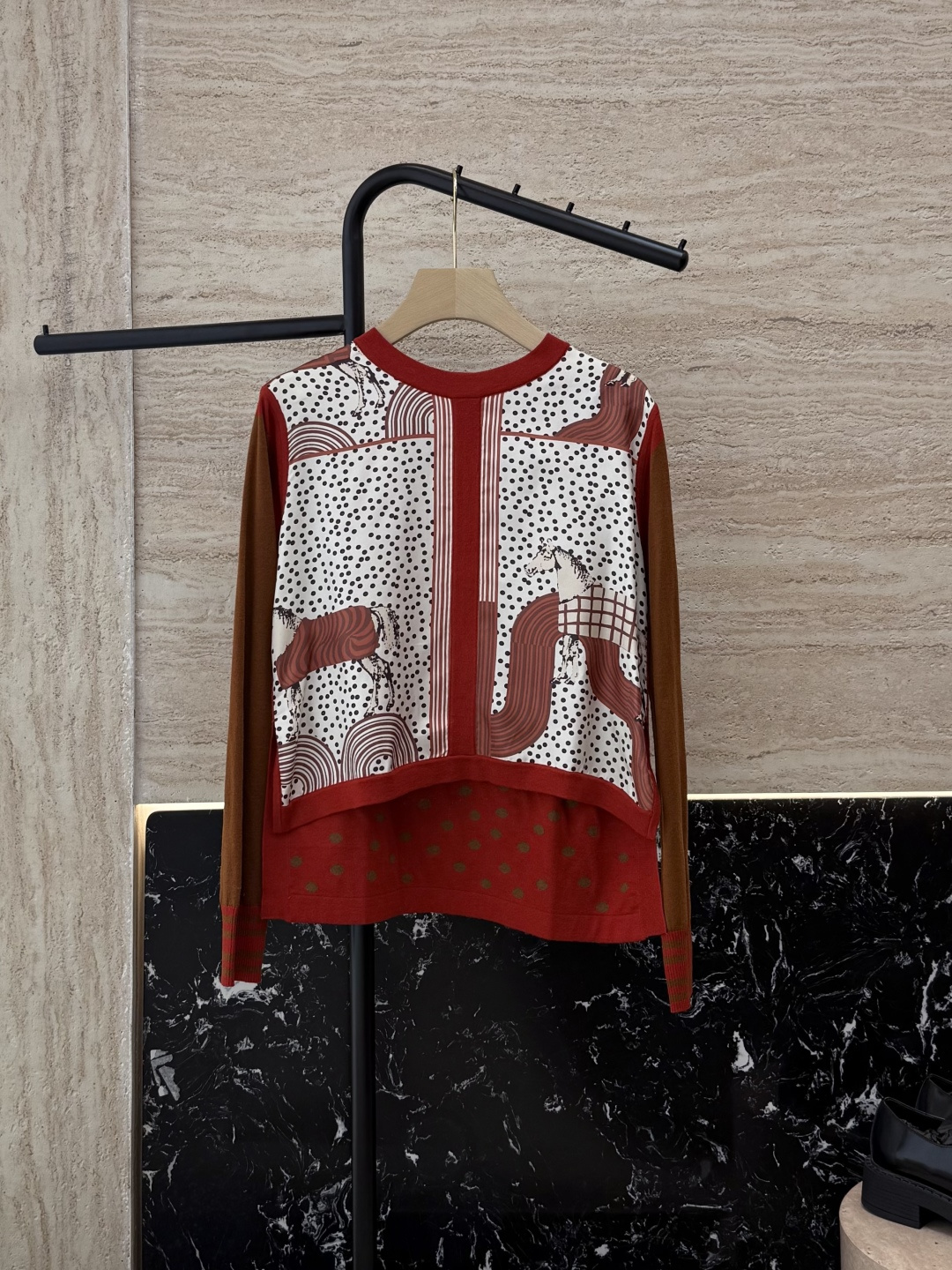 H32582#新款羊毛针织💕H家爱马仕 真丝印花拼接 羊毛针织衫 红色 咖色 S-X XL