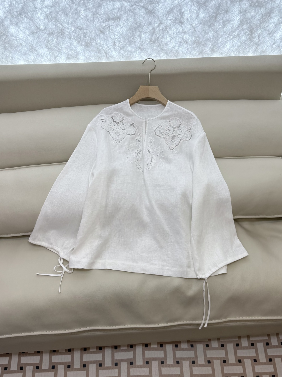 BS1012#新款套装💕Zimm 镂空绣花 100% 亚麻长袖衬衫➕长裤套装 蓝色 白色 SMLXL