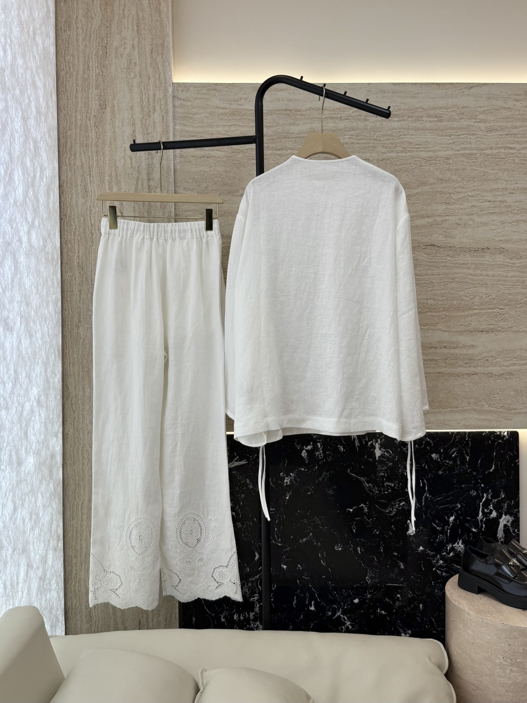 BS1012#新款套装💕Zimm 镂空绣花 100% 亚麻长袖衬衫➕长裤套装 蓝色 白色 SMLXL