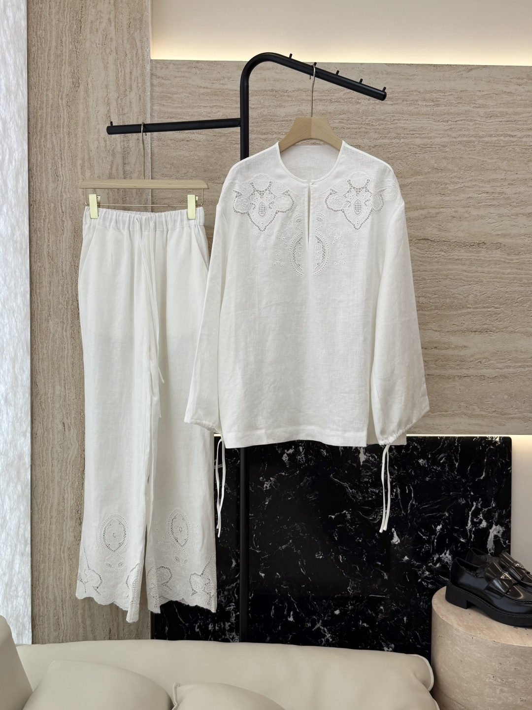 BS1012#新款套装💕Zimm 镂空绣花 100% 亚麻长袖衬衫➕长裤套装 蓝色 白色 SMLXL