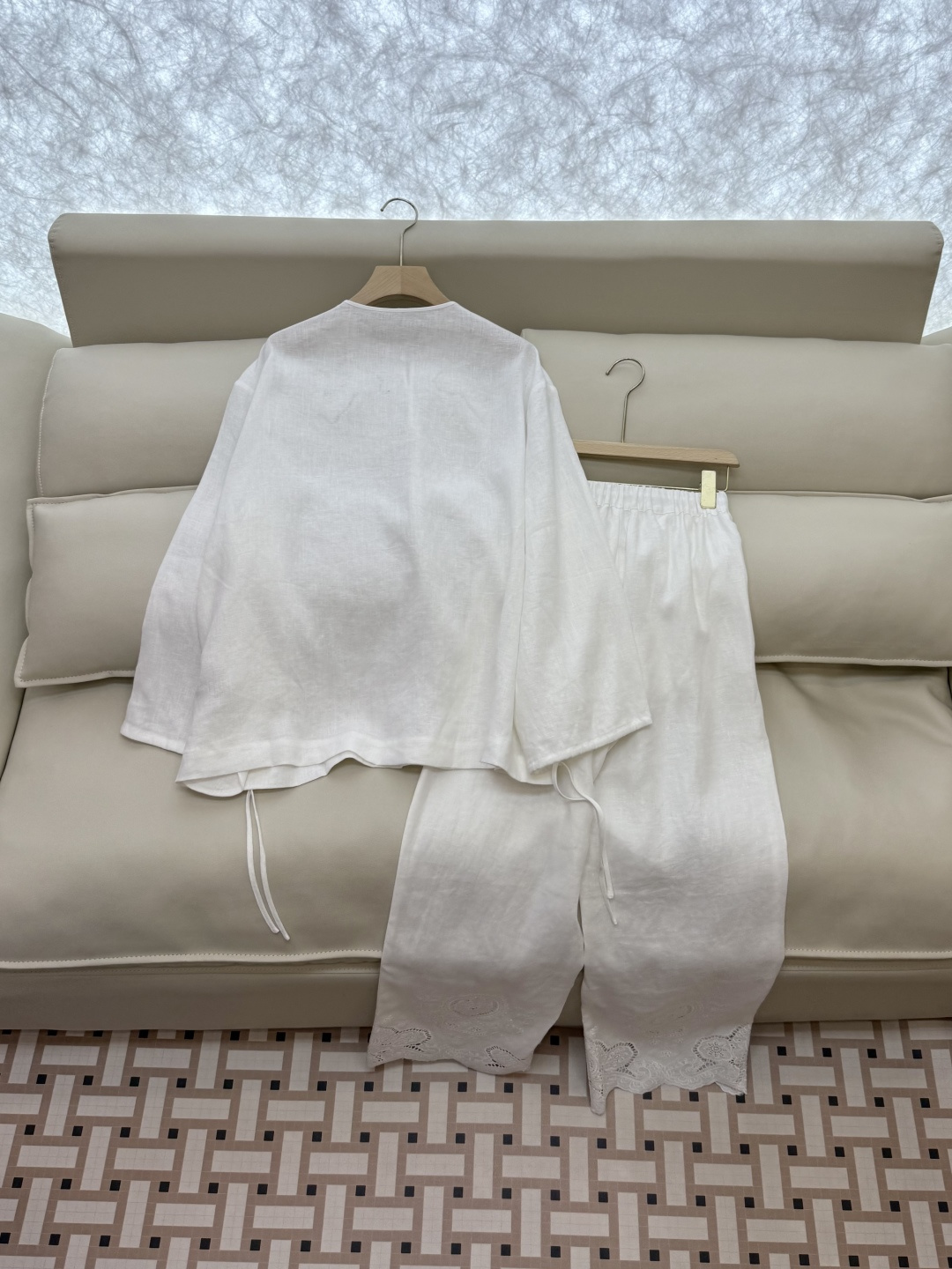 BS1012#新款套装💕Zimm 镂空绣花 100% 亚麻长袖衬衫➕长裤套装 蓝色 白色 SMLXL