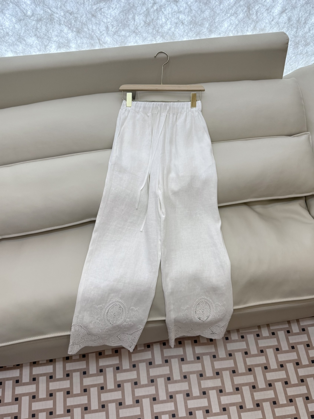 BS1012#新款套装💕Zimm 镂空绣花 100% 亚麻长袖衬衫➕长裤套装 蓝色 白色 SMLXL