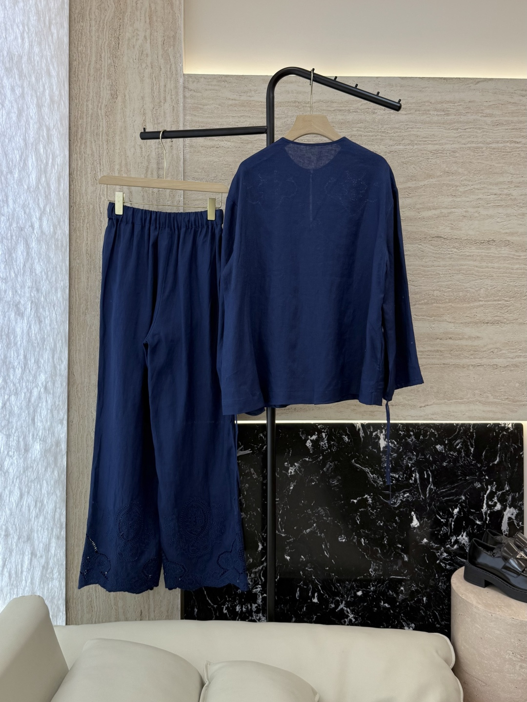 BS1012#新款套装💕Zimm 镂空绣花 100% 亚麻长袖衬衫➕长裤套装 蓝色 白色 SMLXL