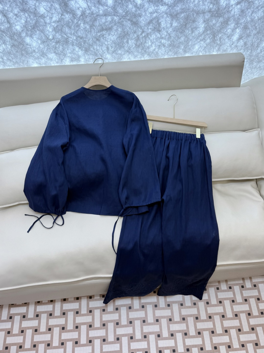 BS1012#新款套装💕Zimm 镂空绣花 100% 亚麻长袖衬衫➕长裤套装 蓝色 白色 SMLXL