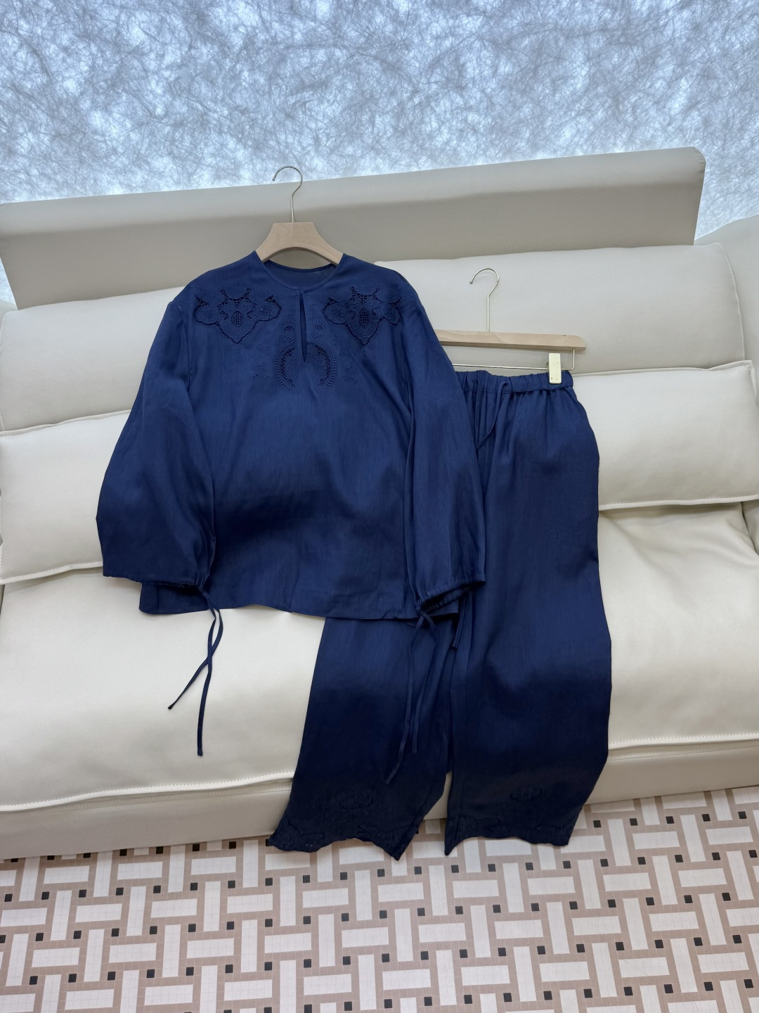 BS1012#新款套装💕Zimm 镂空绣花 100% 亚麻长袖衬衫➕长裤套装 蓝色 白色 SMLXL
