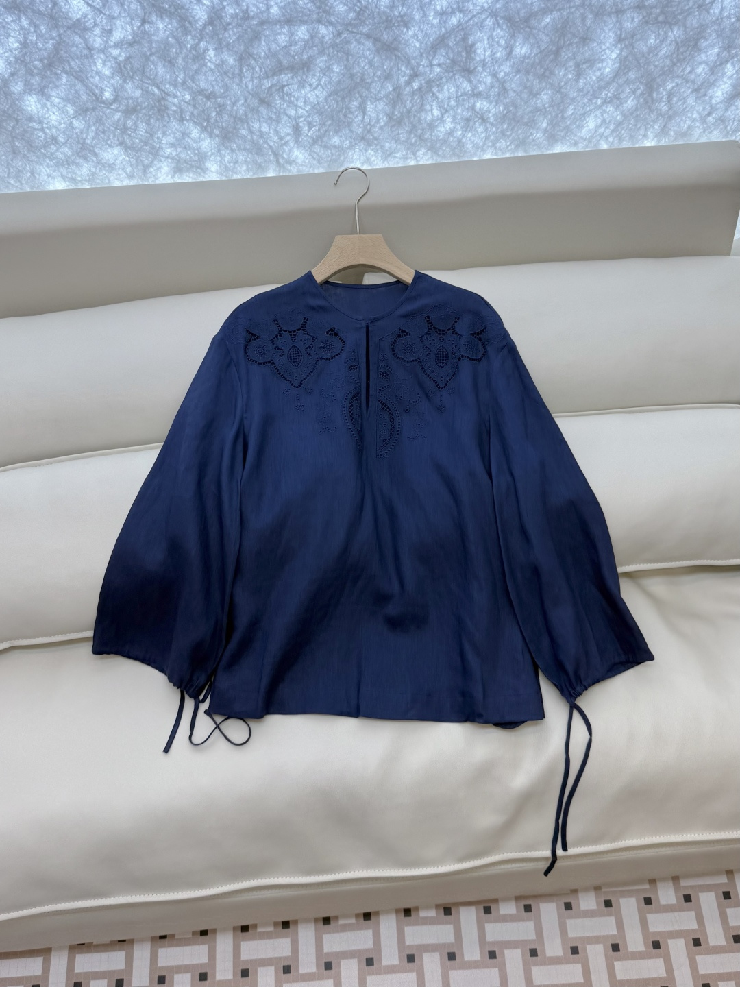 BS1012#新款套装💕Zimm 镂空绣花 100% 亚麻长袖衬衫➕长裤套装 蓝色 白色 SMLXL