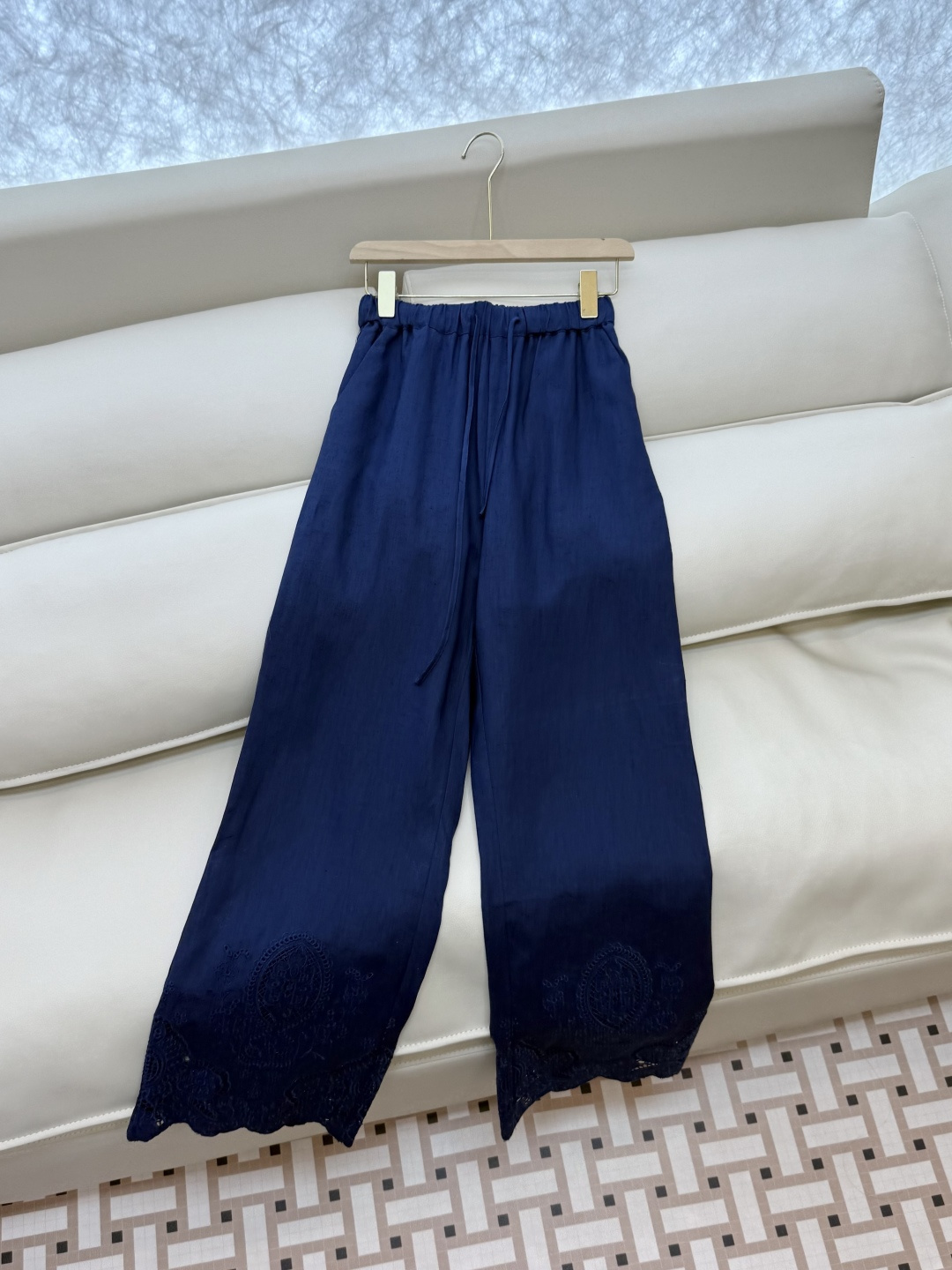 BS1012#新款套装💕Zimm 镂空绣花 100% 亚麻长袖衬衫➕长裤套装 蓝色 白色 SMLXL