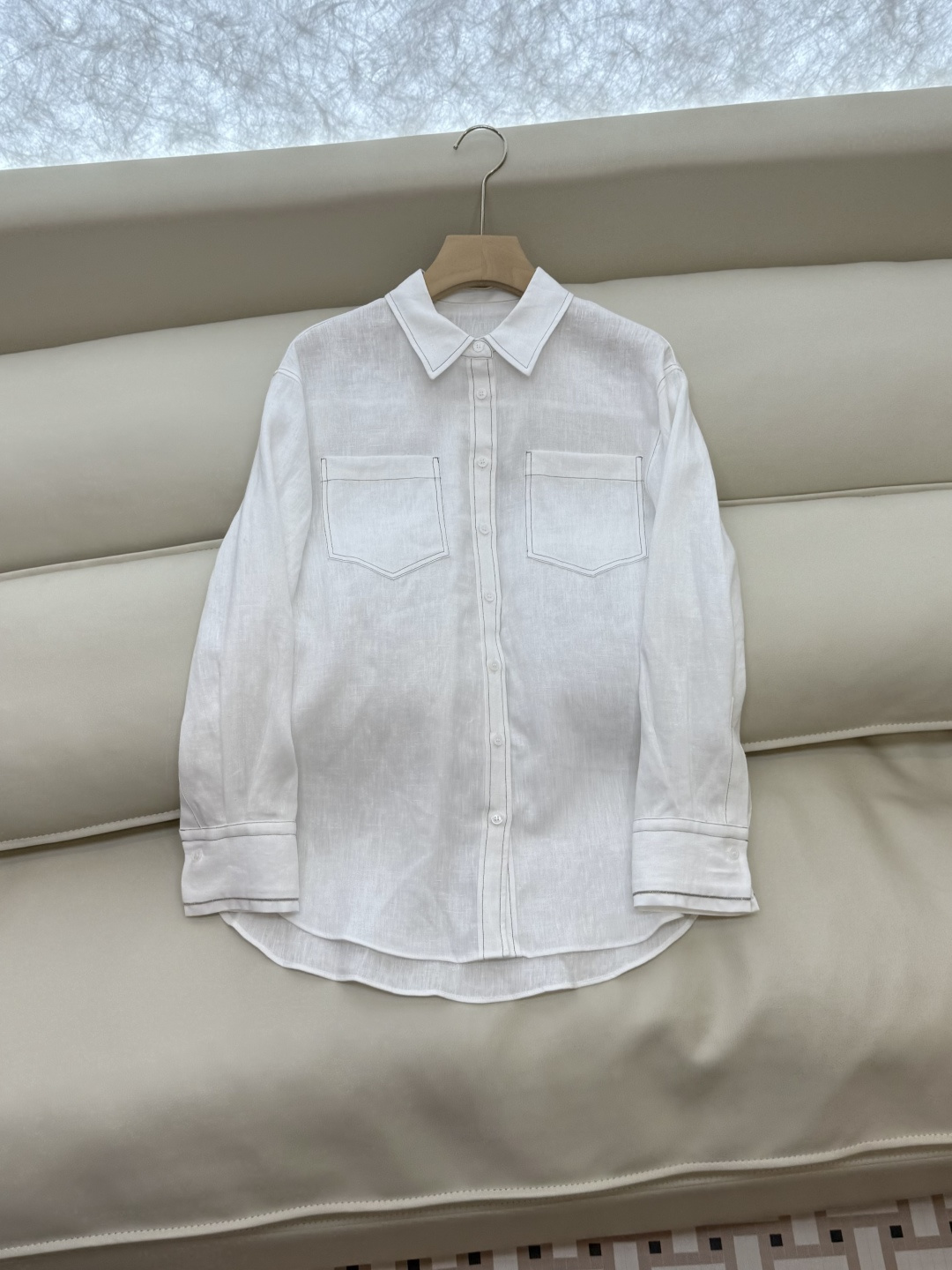 BS992#新款套装💕BC 明线拼接 100% 亚麻长袖衬衫➕长裤套装 白色 36/38/40/42