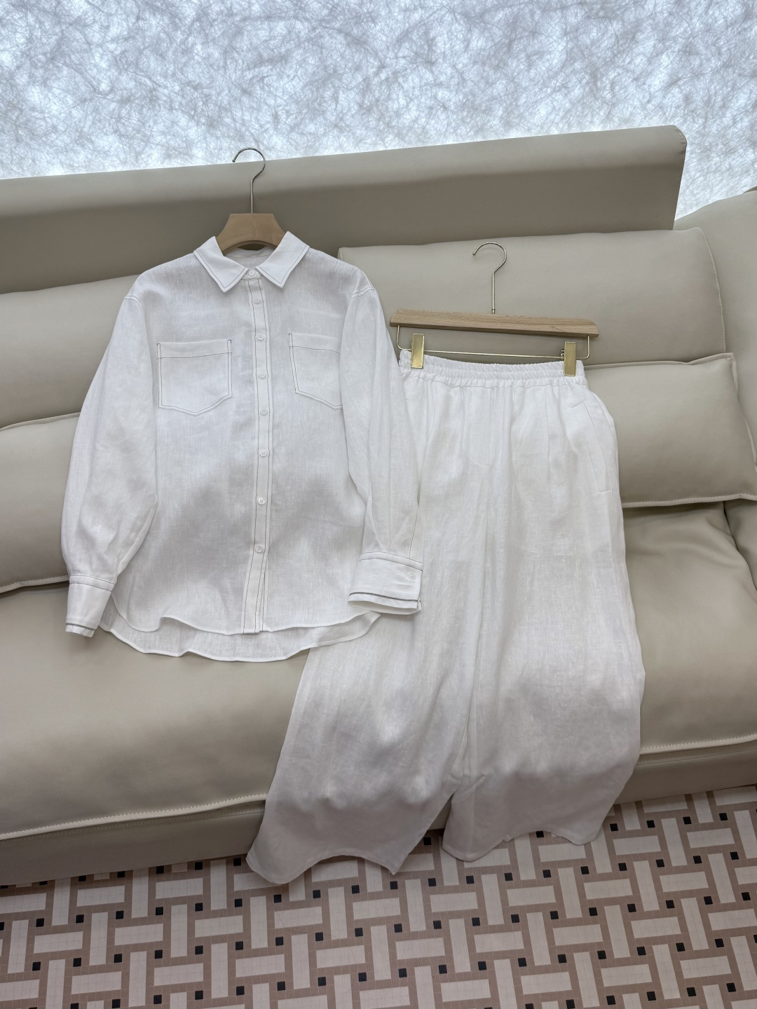 BS992#新款套装💕BC 明线拼接 100% 亚麻长袖衬衫➕长裤套装 白色 36/38/40/42