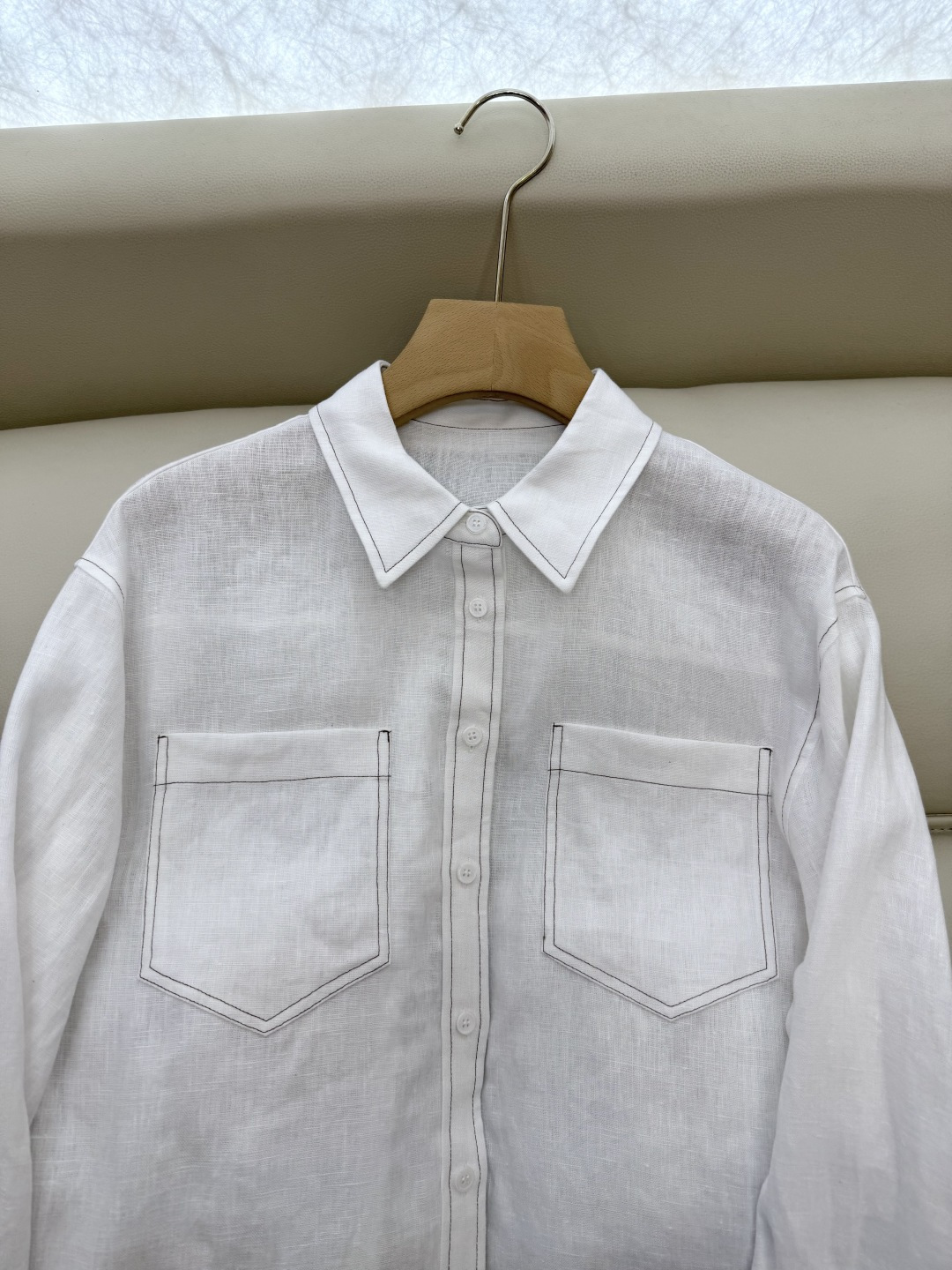 BS992#新款套装💕BC 明线拼接 100% 亚麻长袖衬衫➕长裤套装 白色 36/38/40/42