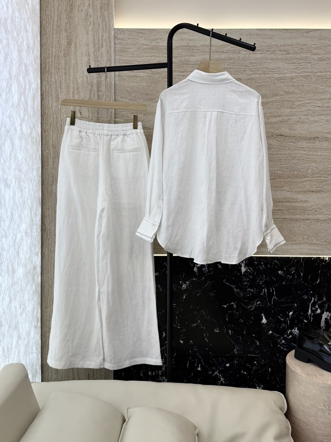 BS992#新款套装💕BC 明线拼接 100% 亚麻长袖衬衫➕长裤套装 白色 36/38/40/42