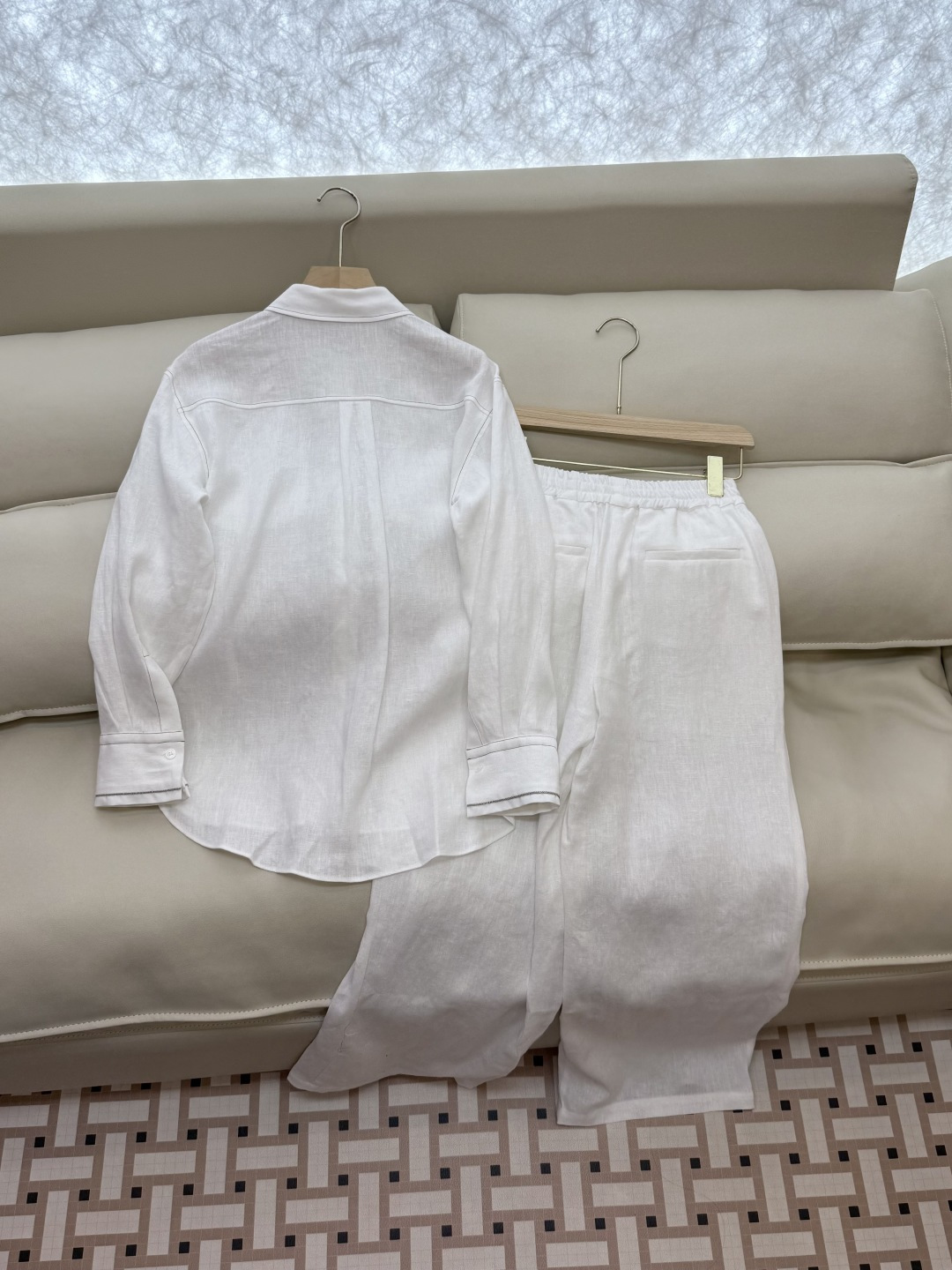 BS992#新款套装💕BC 明线拼接 100% 亚麻长袖衬衫➕长裤套装 白色 36/38/40/42