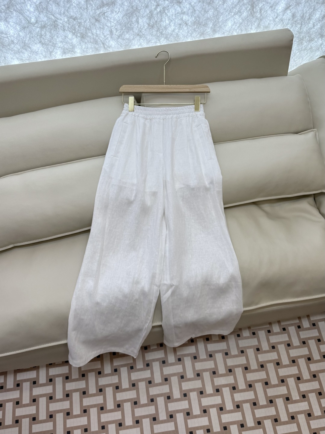 BS992#新款套装💕BC 明线拼接 100% 亚麻长袖衬衫➕长裤套装 白色 36/38/40/42