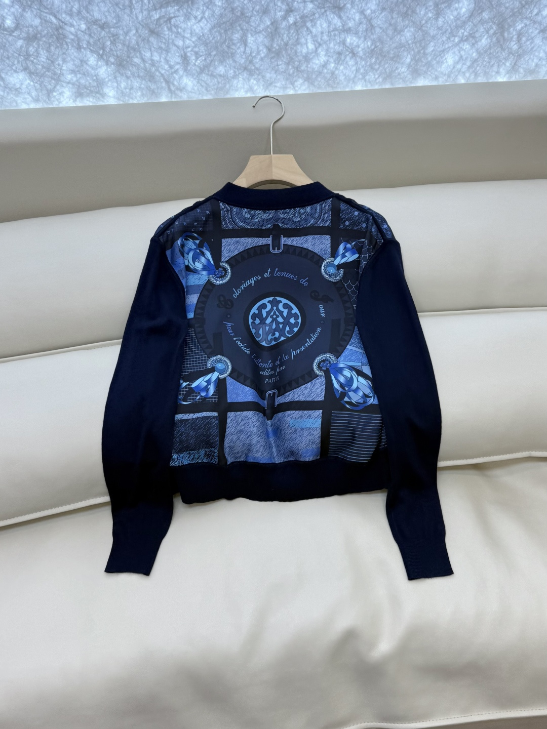 H32587#新款外套💕H家 爱马仕 100% 真丝印花拼接长袖针织羊毛开衫 灰色 蓝色 粉色 S-XL