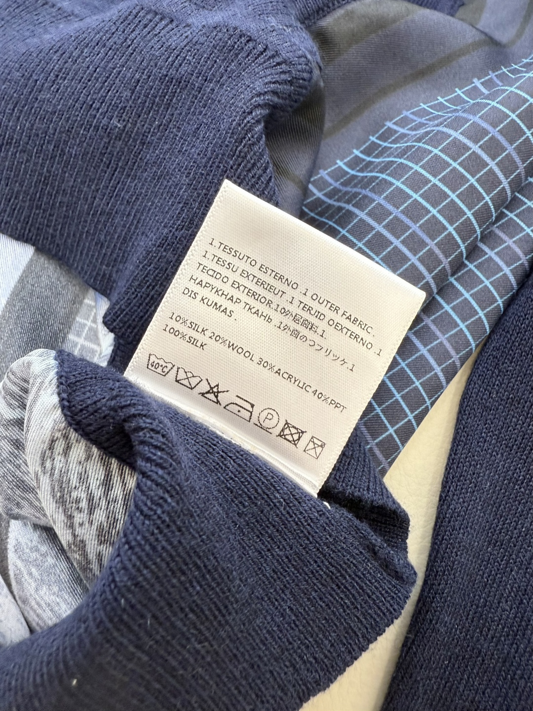 H32587#新款外套💕H家 爱马仕 100% 真丝印花拼接长袖针织羊毛开衫 灰色 蓝色 粉色 S-XL