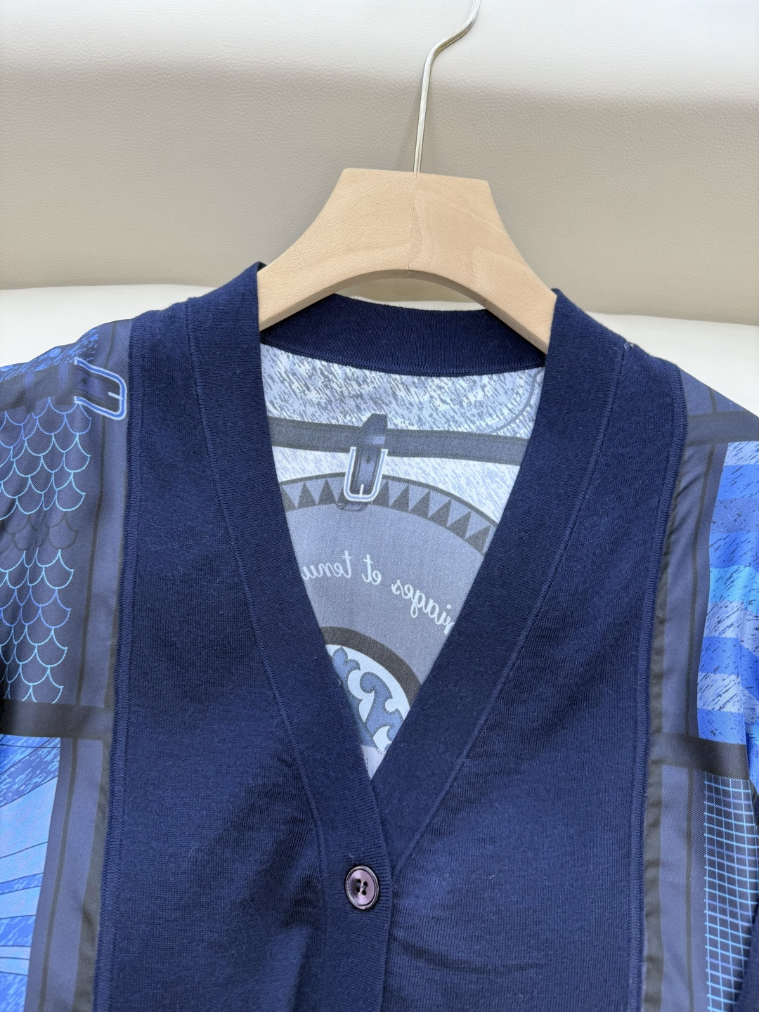 H32587#新款外套💕H家 爱马仕 100% 真丝印花拼接长袖针织羊毛开衫 灰色 蓝色 粉色 S-XL