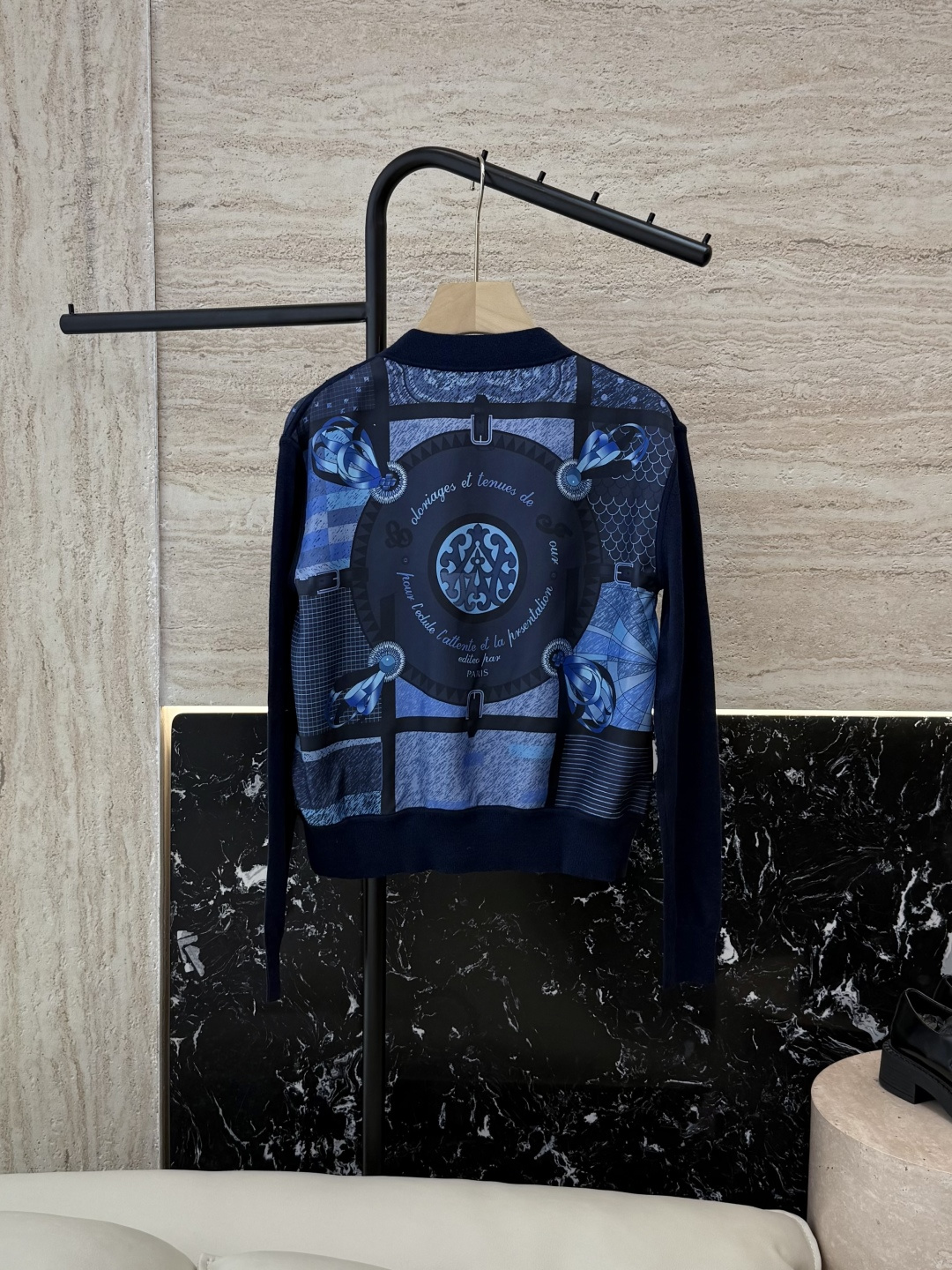 H32587#新款外套💕H家 爱马仕 100% 真丝印花拼接长袖针织羊毛开衫 灰色 蓝色 粉色 S-XL