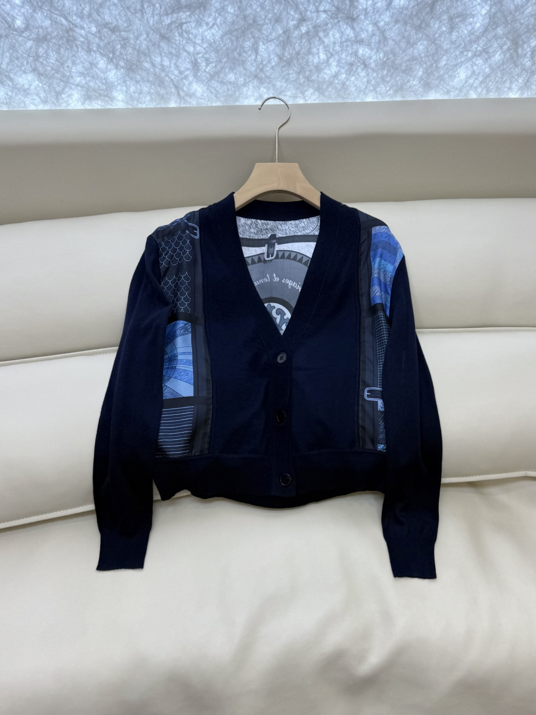 H32587#新款外套💕H家 爱马仕 100% 真丝印花拼接长袖针织羊毛开衫 灰色 蓝色 粉色 S-XL