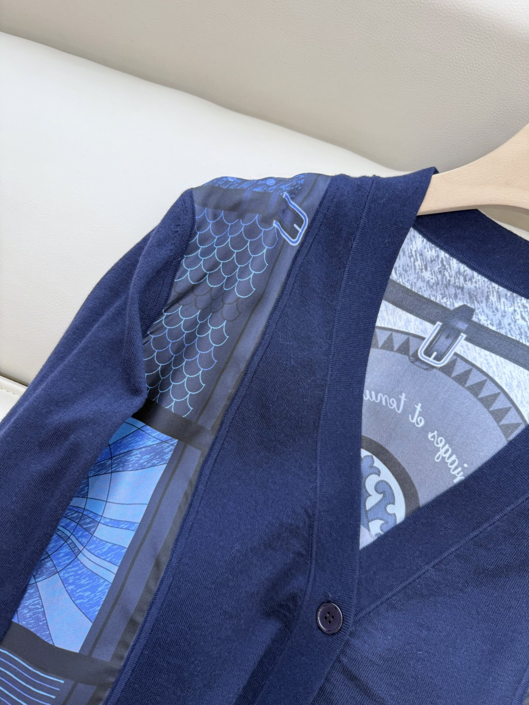 H32587#新款外套💕H家 爱马仕 100% 真丝印花拼接长袖针织羊毛开衫 灰色 蓝色 粉色 S-XL