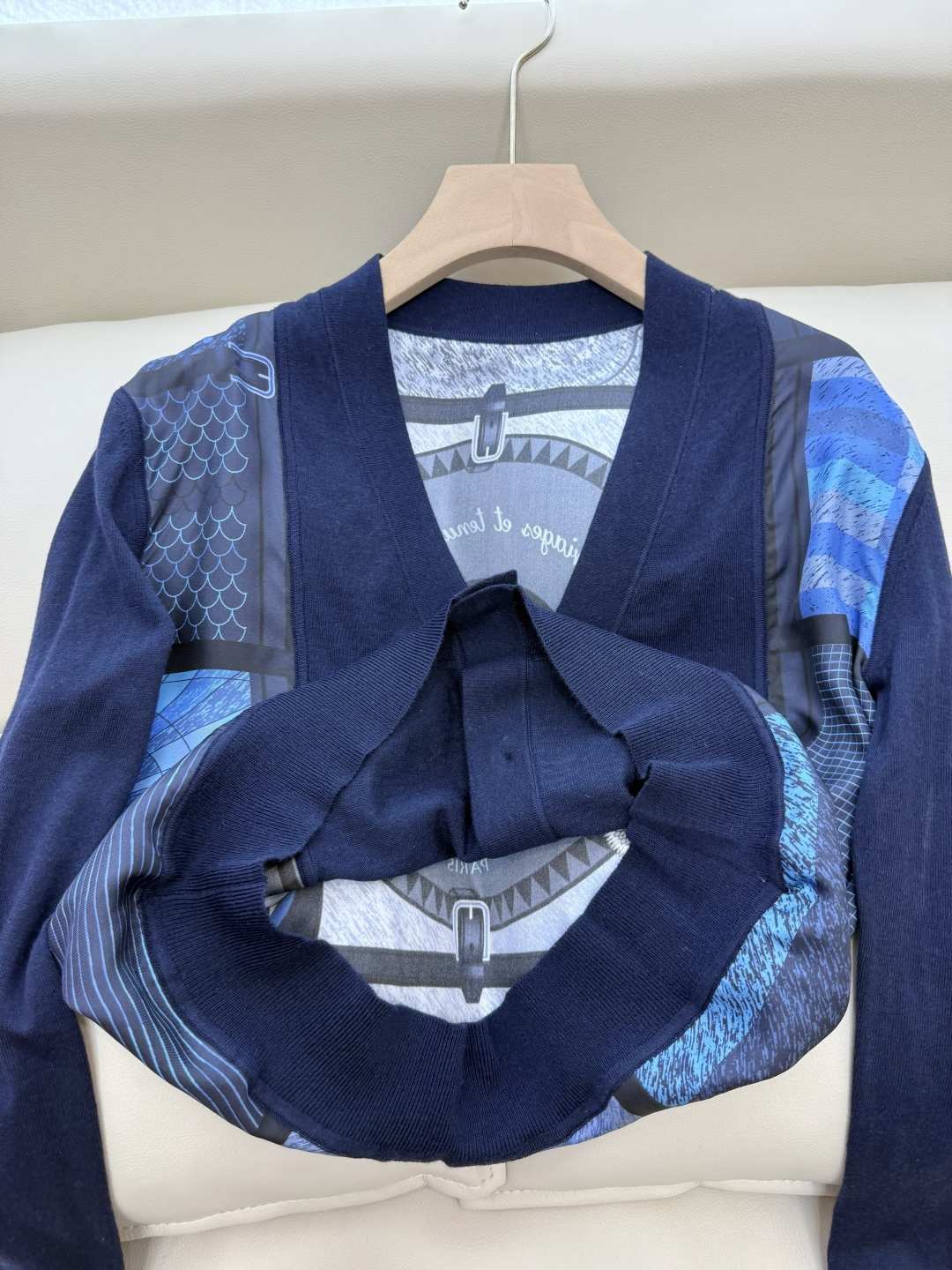 H32587#新款外套💕H家 爱马仕 100% 真丝印花拼接长袖针织羊毛开衫 灰色 蓝色 粉色 S-XL