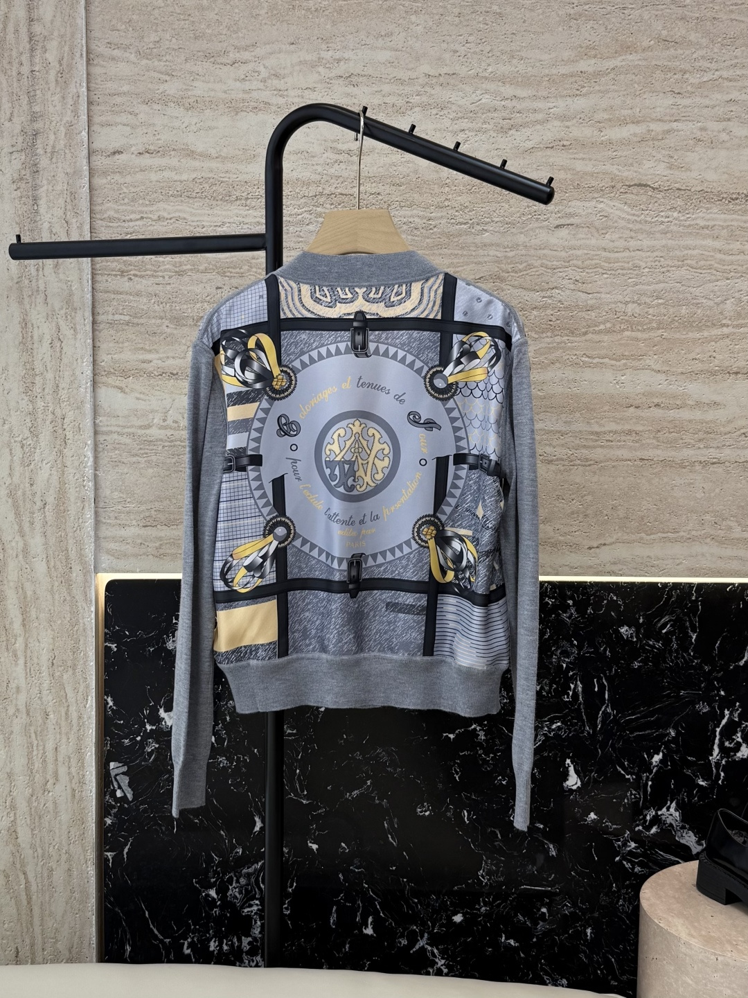 H32587#新款外套💕H家 爱马仕 100% 真丝印花拼接长袖针织羊毛开衫 灰色 蓝色 粉色 S-XL