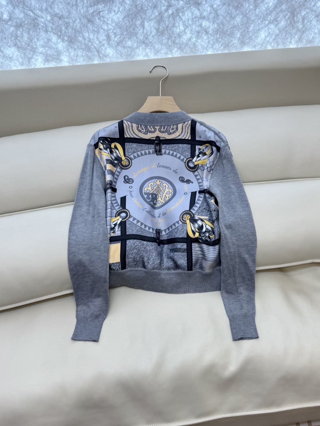 H32587#新款外套💕H家 爱马仕 100% 真丝印花拼接长袖针织羊毛开衫 灰色 蓝色 粉色 S-XL