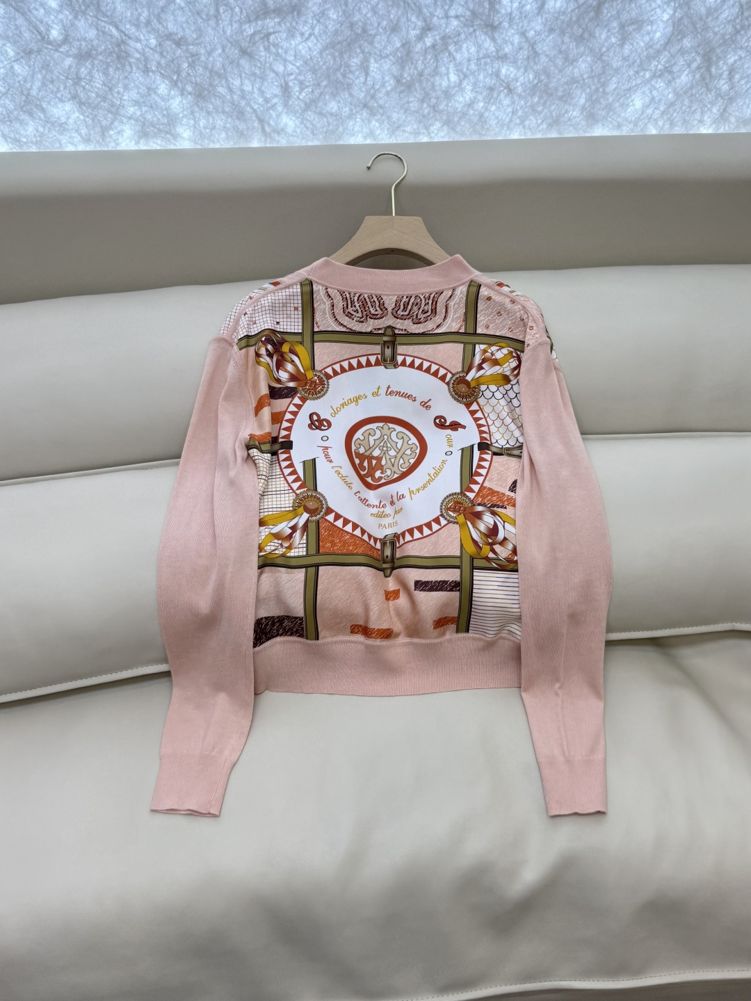 H32587#新款外套💕H家 爱马仕 100% 真丝印花拼接长袖针织羊毛开衫 灰色 蓝色 粉色 S-XL