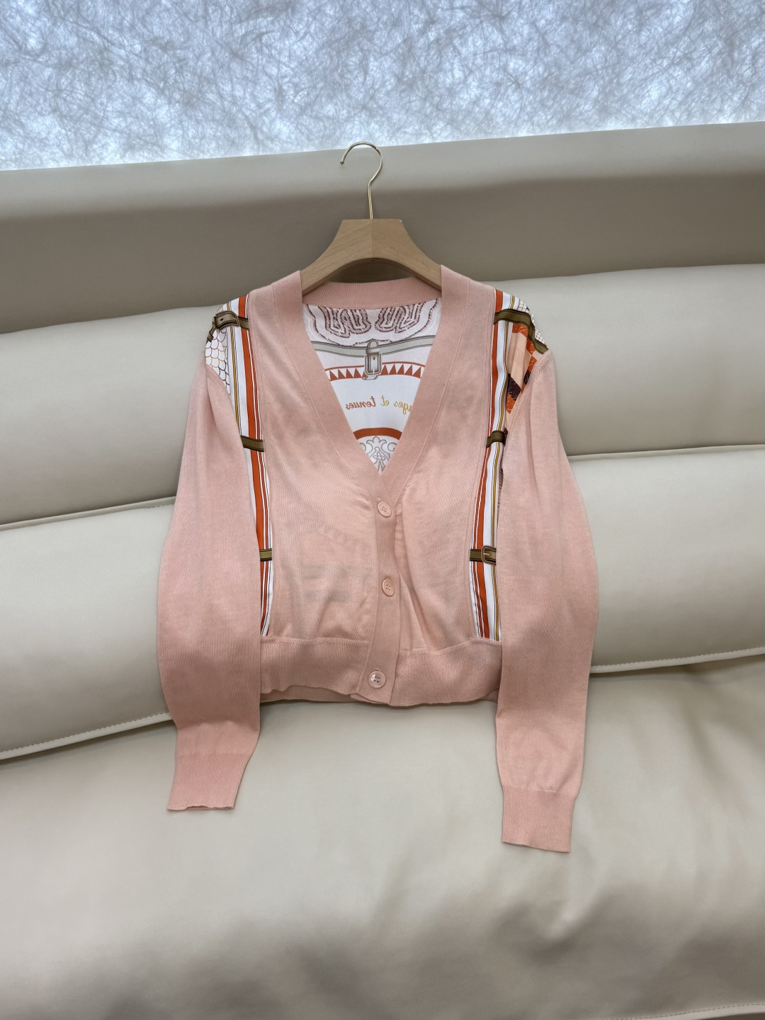 H32587#新款外套💕H家 爱马仕 100% 真丝印花拼接长袖针织羊毛开衫 灰色 蓝色 粉色 S-XL