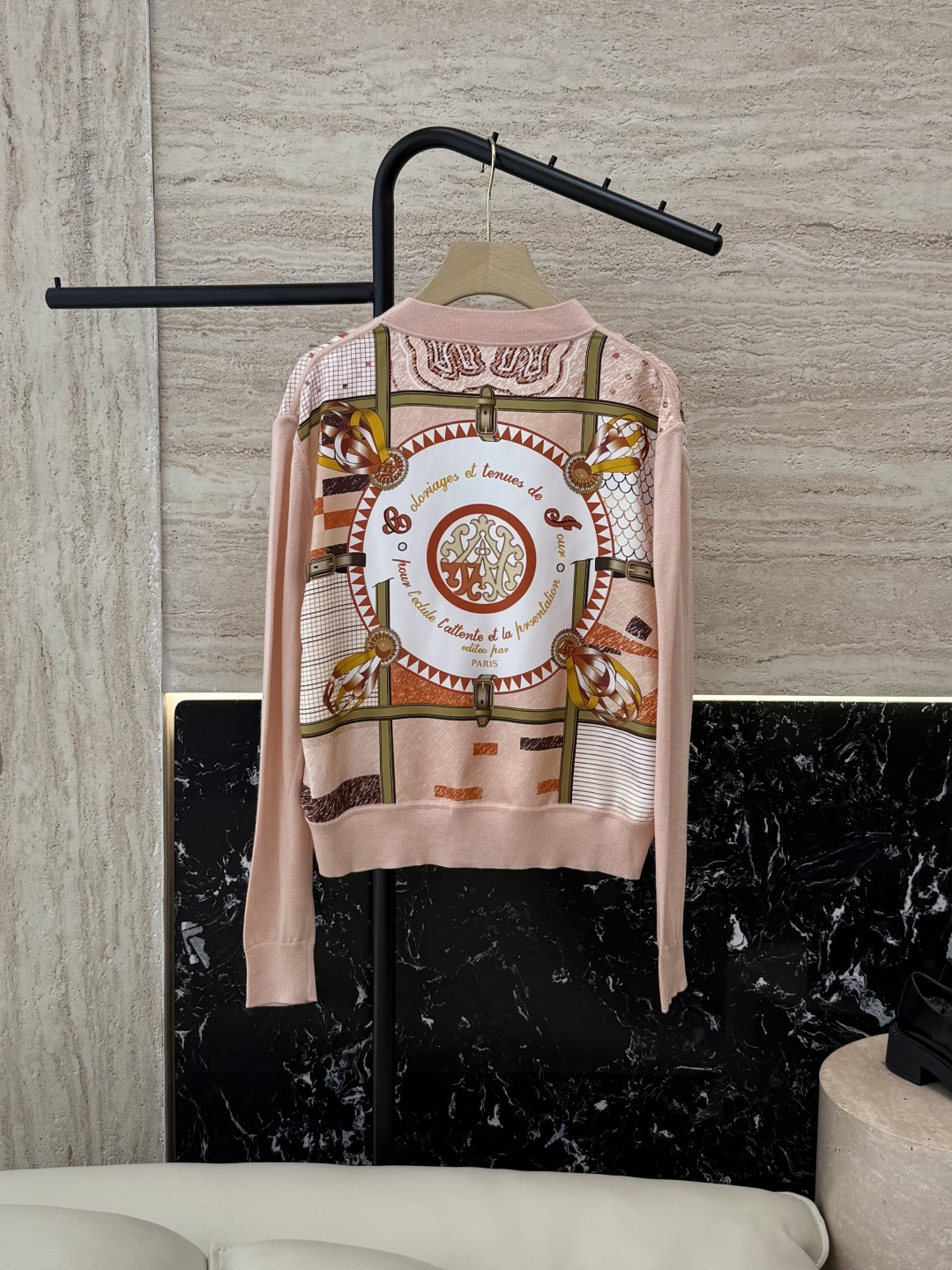 H32587#新款外套💕H家 爱马仕 100% 真丝印花拼接长袖针织羊毛开衫 灰色 蓝色 粉色 S-XL