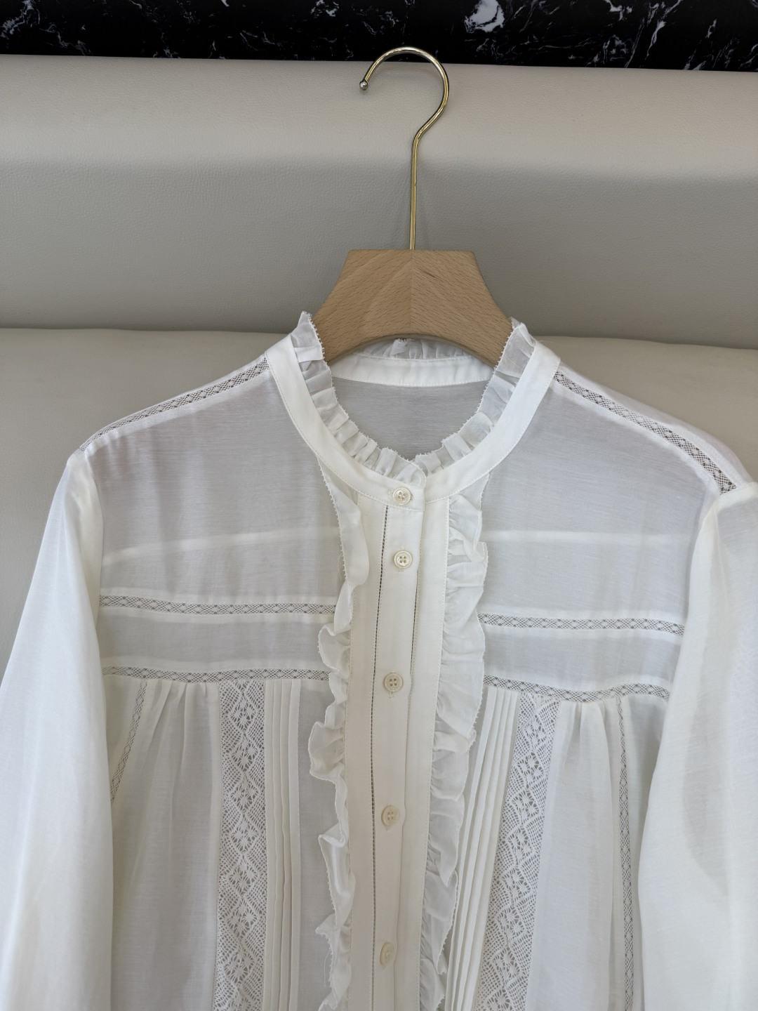 BS1036#新款衬衫💕30% 真丝棉 长袖镂空绣花衬衫 米白色 SMLXL