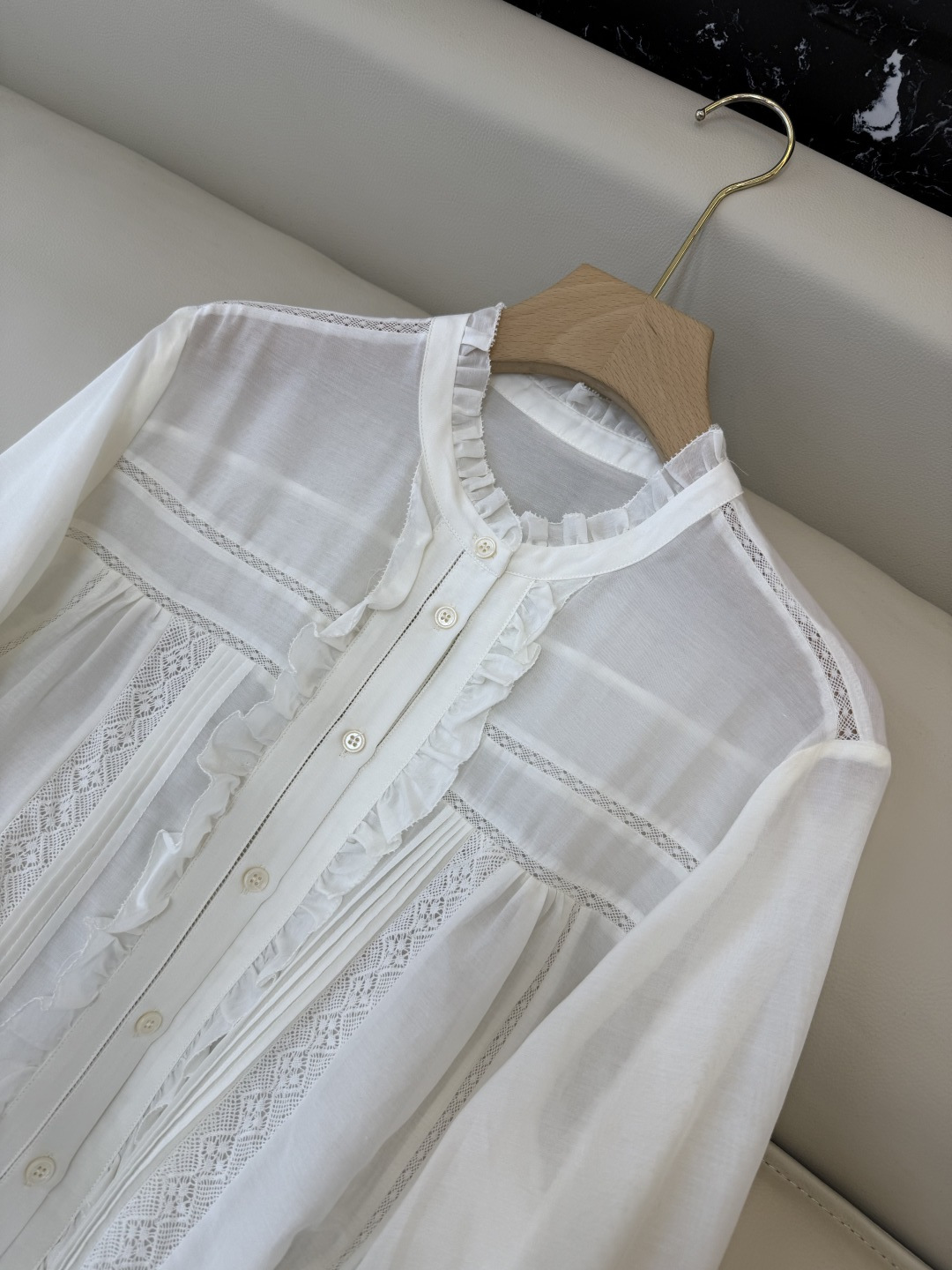 BS1036#新款衬衫💕30% 真丝棉 长袖镂空绣花衬衫 米白色 SMLXL