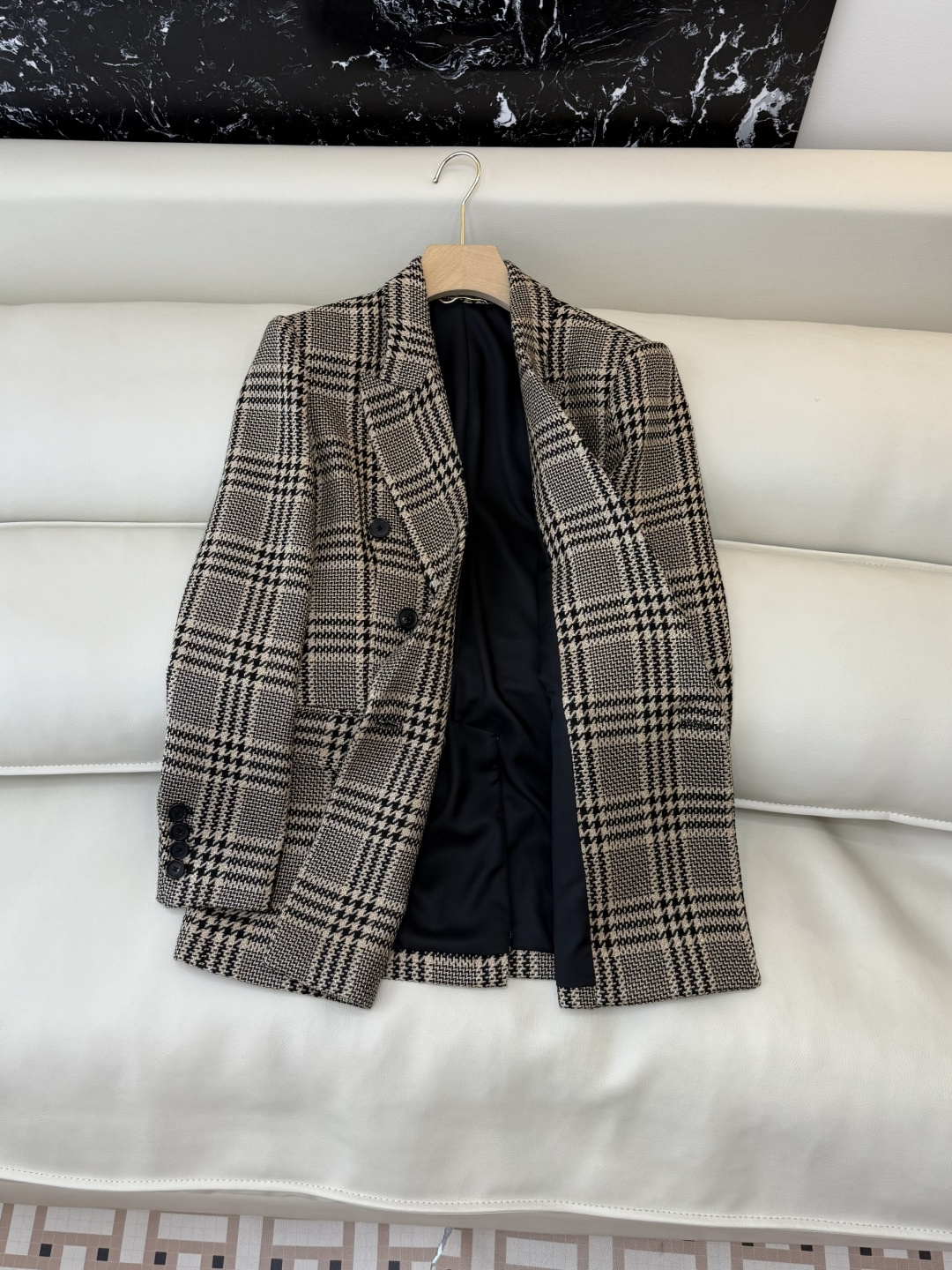 XZ0129#新款西装外套🌾YSL 对格纹 100% 羊毛 双排扣 长西装外套 SMLXL