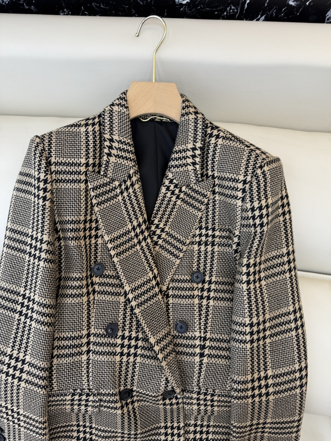 XZ0129#新款西装外套🌾YSL 对格纹 100% 羊毛 双排扣 长西装外套 SMLXL