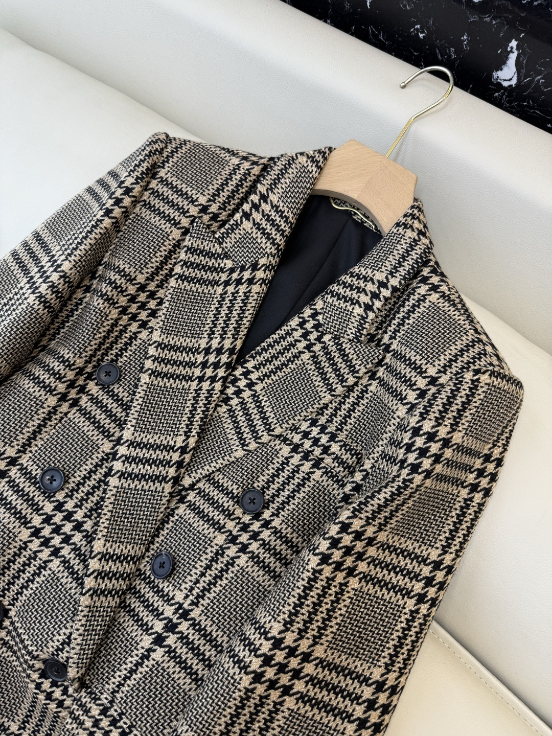 XZ0129#新款西装外套🌾YSL 对格纹 100% 羊毛 双排扣 长西装外套 SMLXL