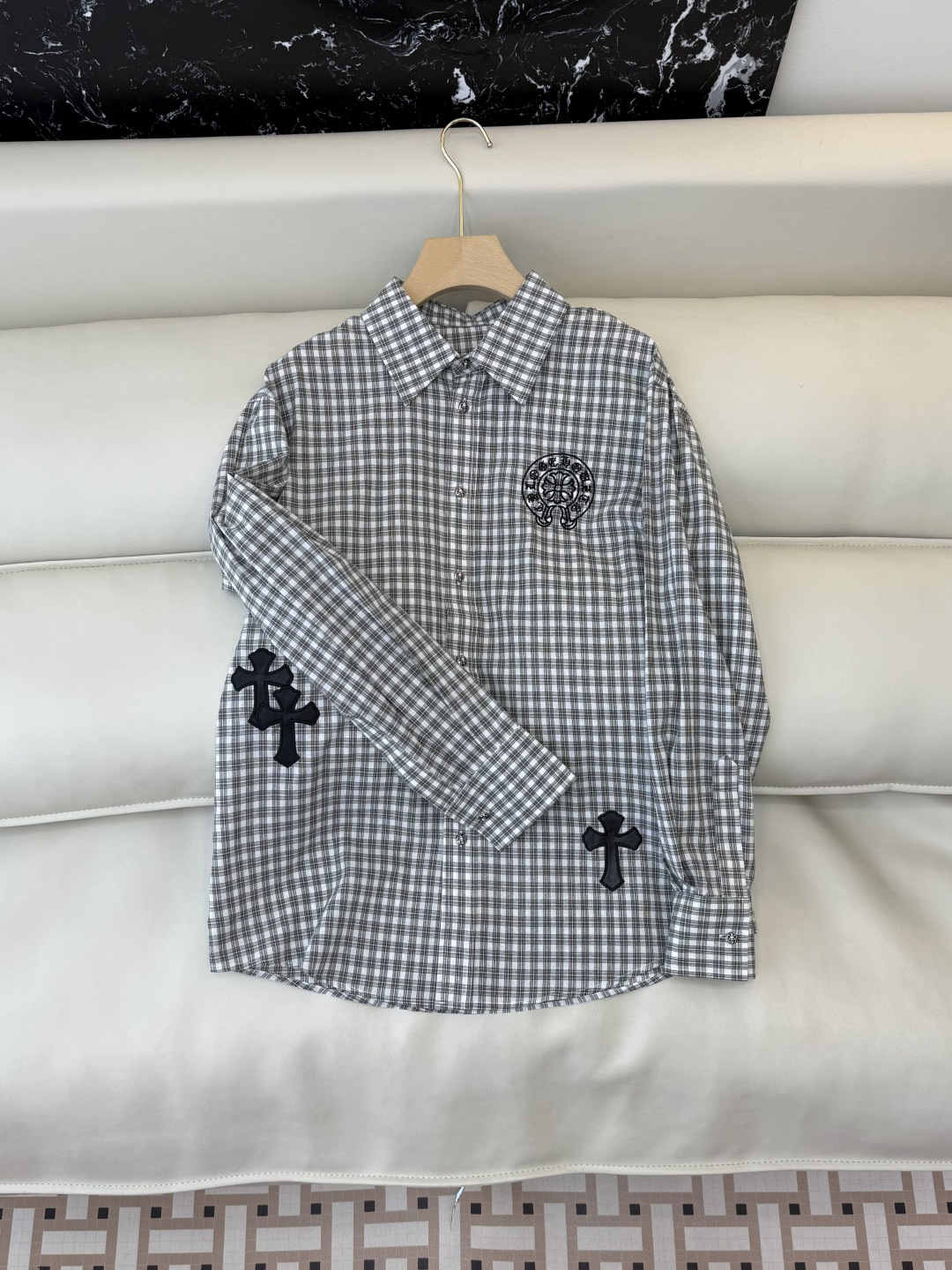 NO:657999,CY077# New shirt P Chrome hearts patch embroidered logo long cotton shirt small plaid SML,,chrome hearts,shirts,alexander wang19860909CY077#新款衬衫P 克罗心 贴布绣花logo 长款纯棉衬衫 小格子 SML,,chrome hearts,shirts,alexander wang,Women's clothing
