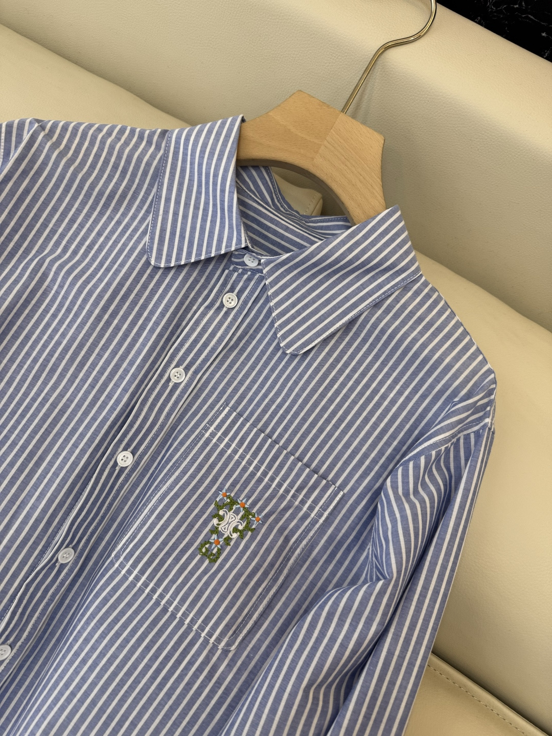 CY072#新款衬衫。Celine 绣花logo 长款纯棉衬衫 蓝条纹 SML