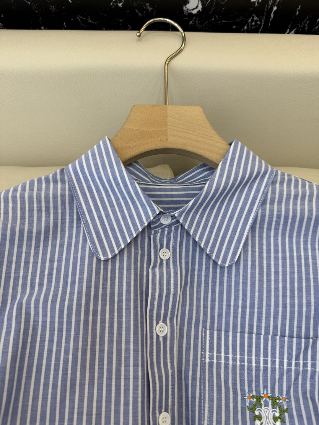 CY072#新款衬衫。Celine 绣花logo 长款纯棉衬衫 蓝条纹 SML