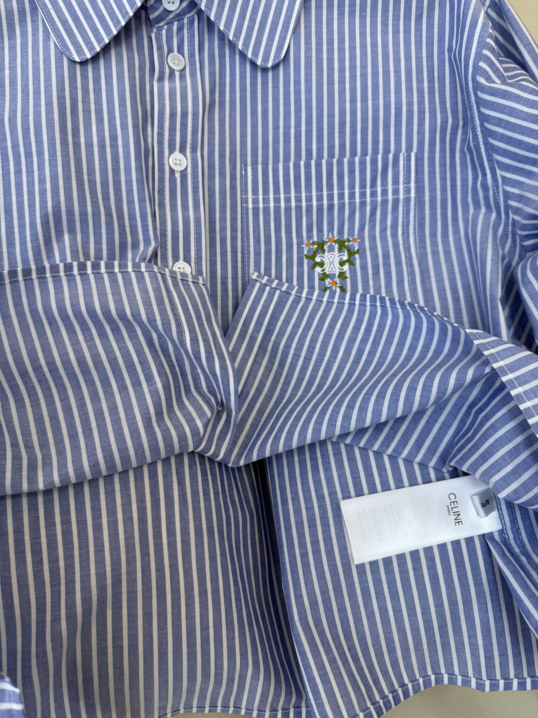 CY072#新款衬衫。Celine 绣花logo 长款纯棉衬衫 蓝条纹 SML