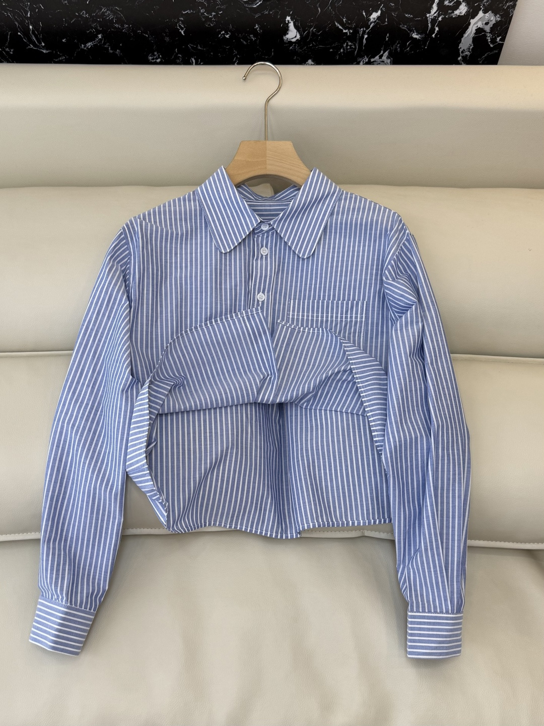 CY072#新款衬衫。Celine 绣花logo 长款纯棉衬衫 蓝条纹 SML