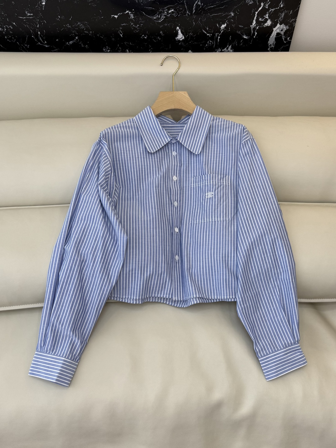 CY070#新款衬衫。Celine 绣logo 长款纯棉衬衫 蓝条纹 SML