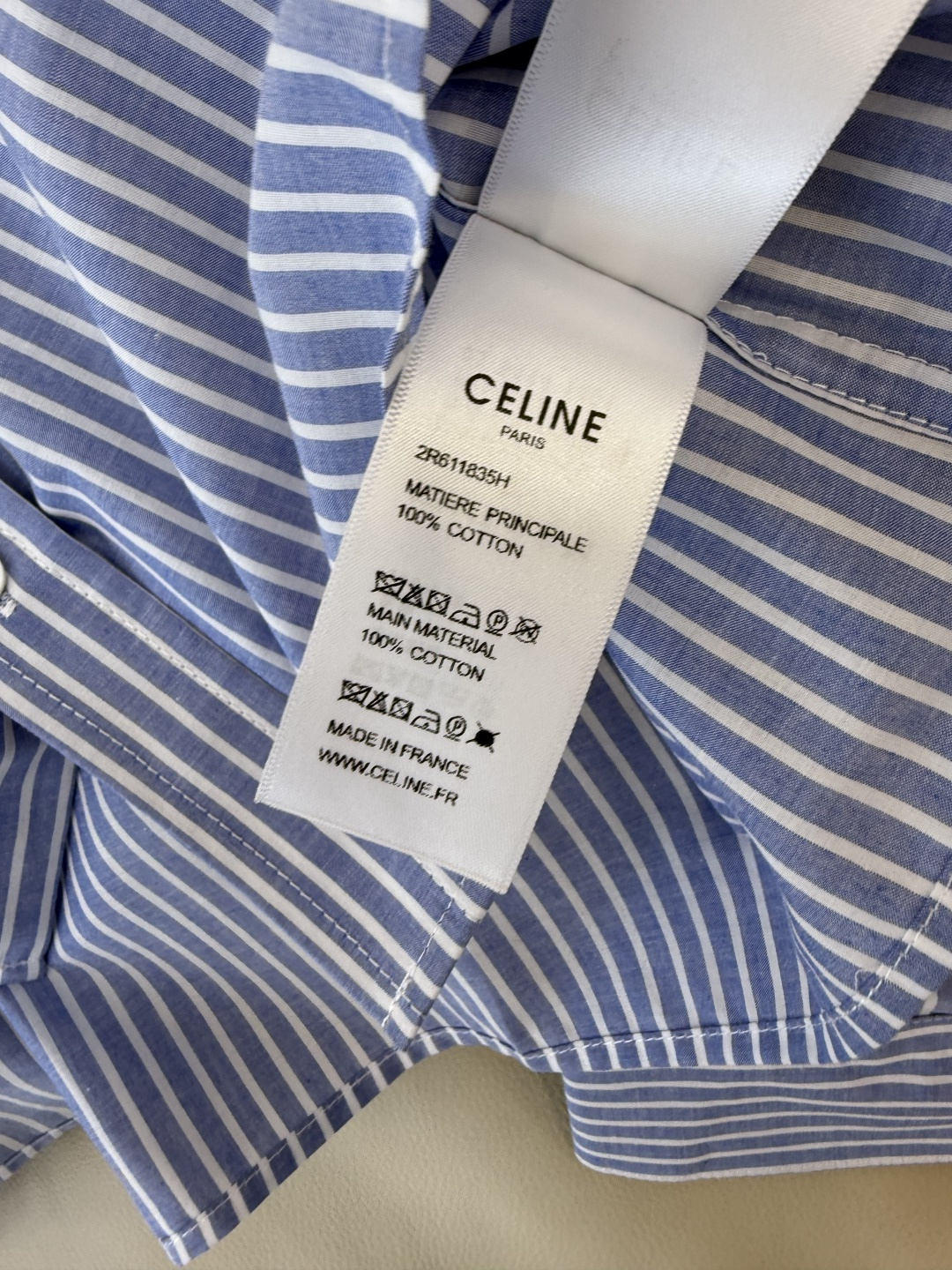 CY070#新款衬衫。Celine 绣logo 长款纯棉衬衫 蓝条纹 SML