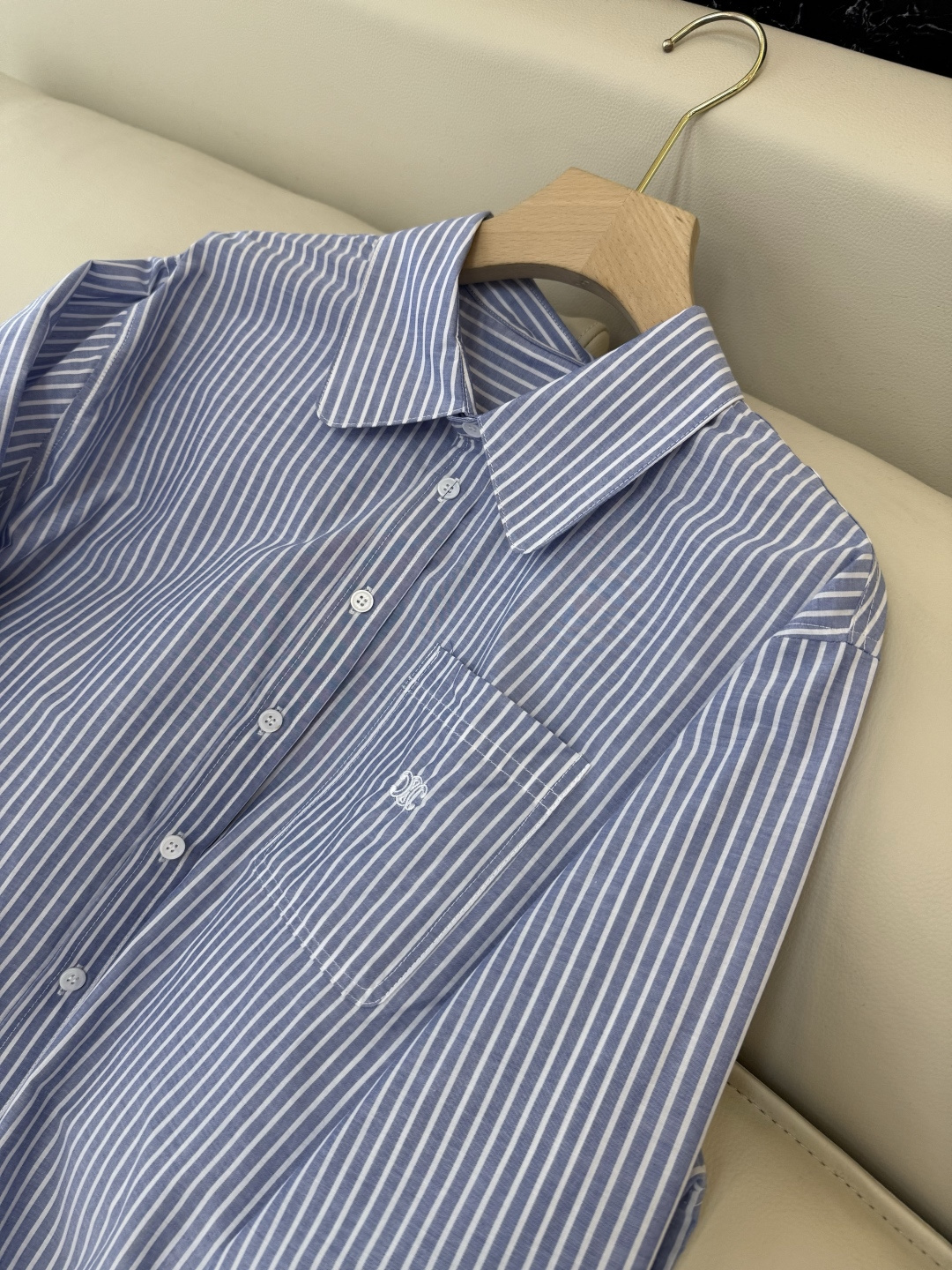 CY070#新款衬衫。Celine 绣logo 长款纯棉衬衫 蓝条纹 SML