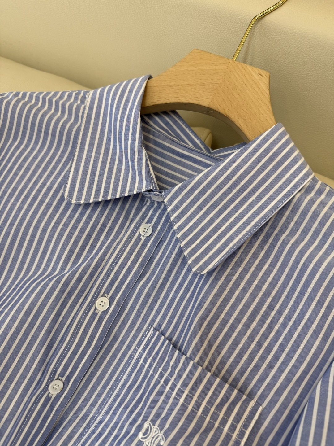 CY070#新款衬衫。Celine 绣logo 长款纯棉衬衫 蓝条纹 SML