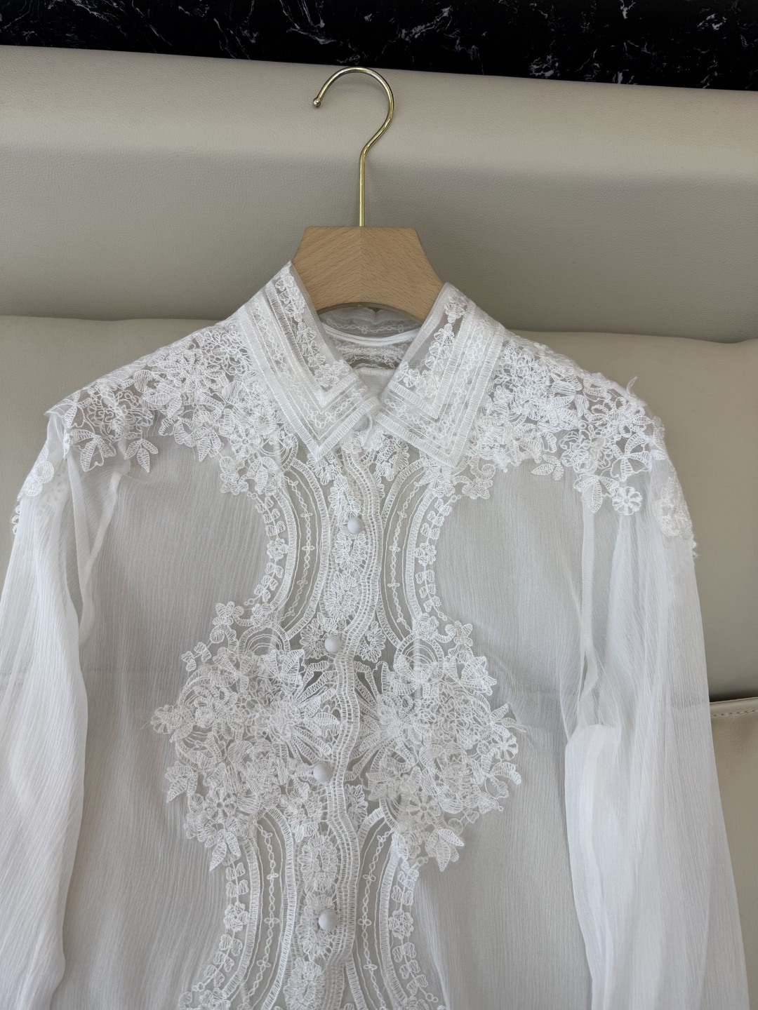 QD7641#新款衬衫💕ES 重工 顺宇丝 100% 真丝蕾丝绣花长袖衬衫 藏青色 白色 SMLXL