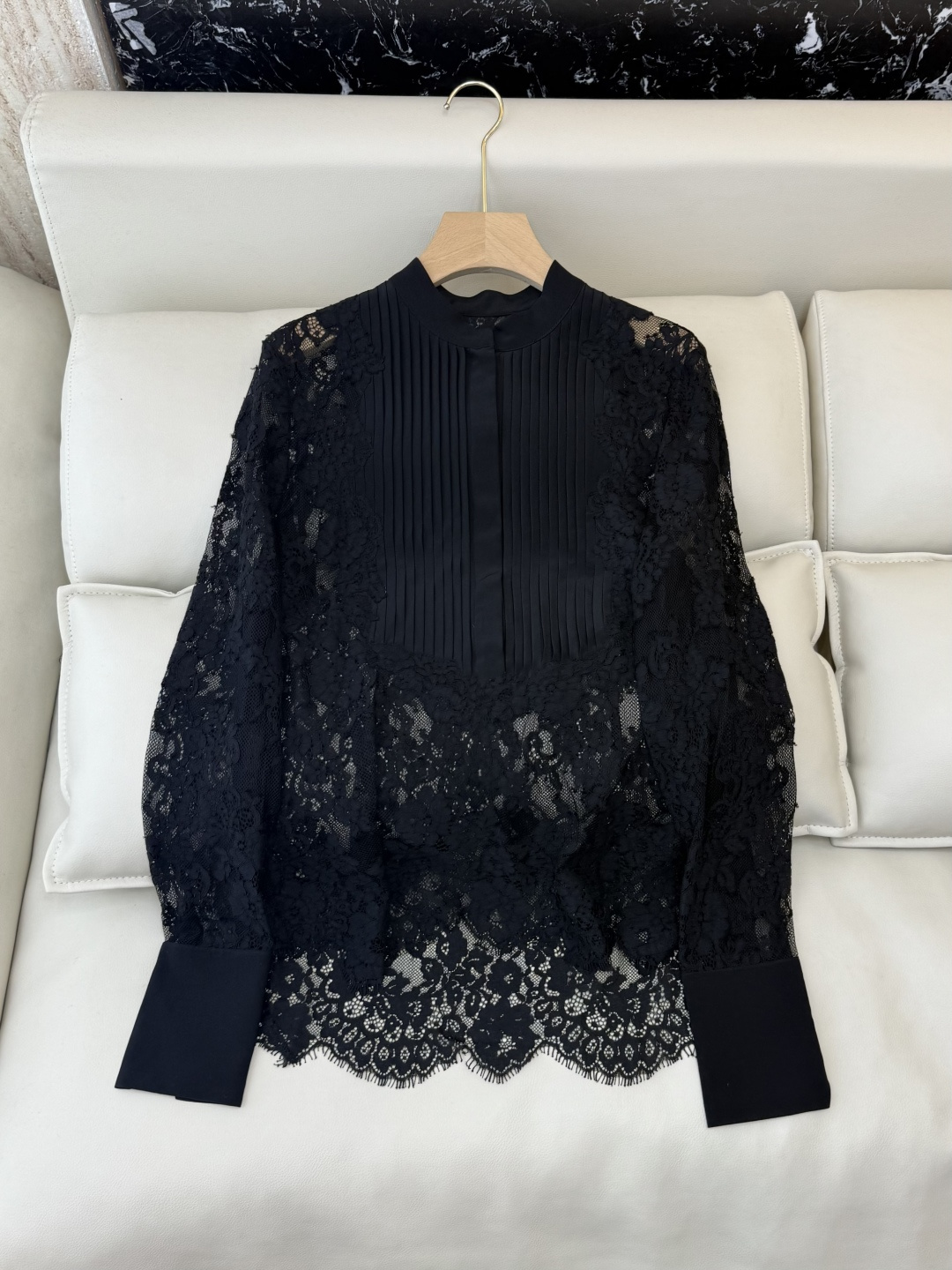 QD7656#新款衬衫💕ES 重工 顺宇丝 100% 真丝蕾丝绣花长袖衬衫 黑色 白色 SMLXL