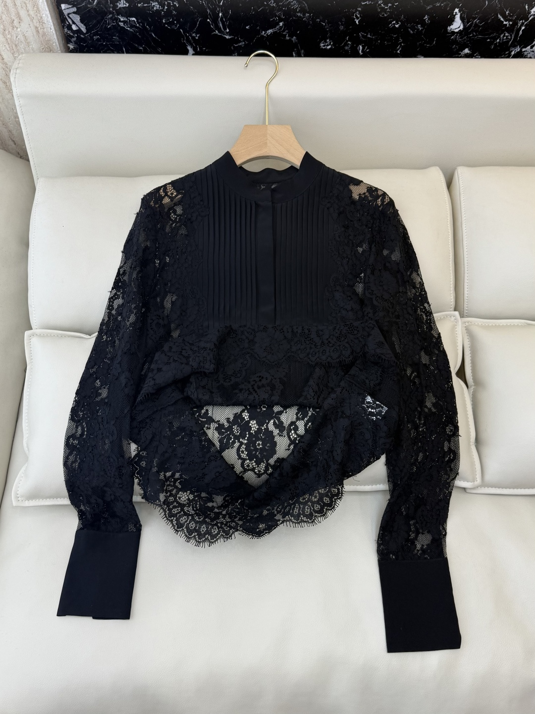 QD7656#新款衬衫💕ES 重工 顺宇丝 100% 真丝蕾丝绣花长袖衬衫 黑色 白色 SMLXL