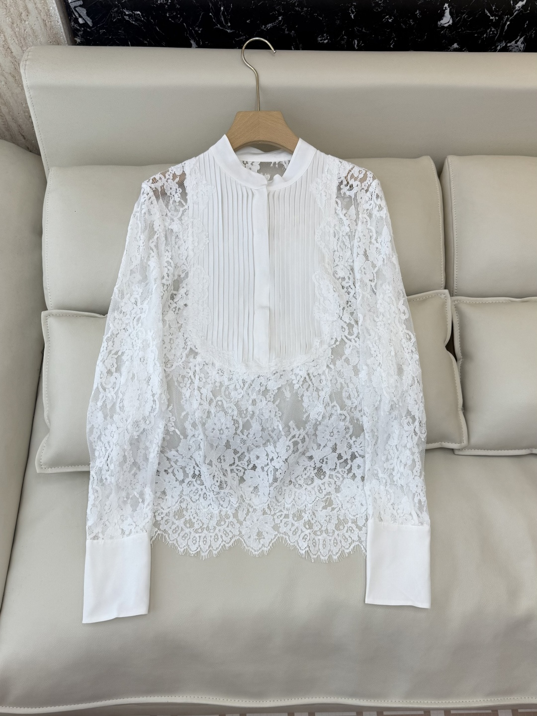 QD7656#新款衬衫💕ES 重工 顺宇丝 100% 真丝蕾丝绣花长袖衬衫 黑色 白色 SMLXL