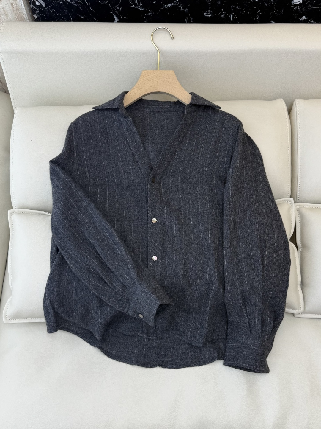 QD7934#新款衬衫💕The row 条纹100% 美丽奴羊毛 长袖衬衫 深灰色 SMLXL