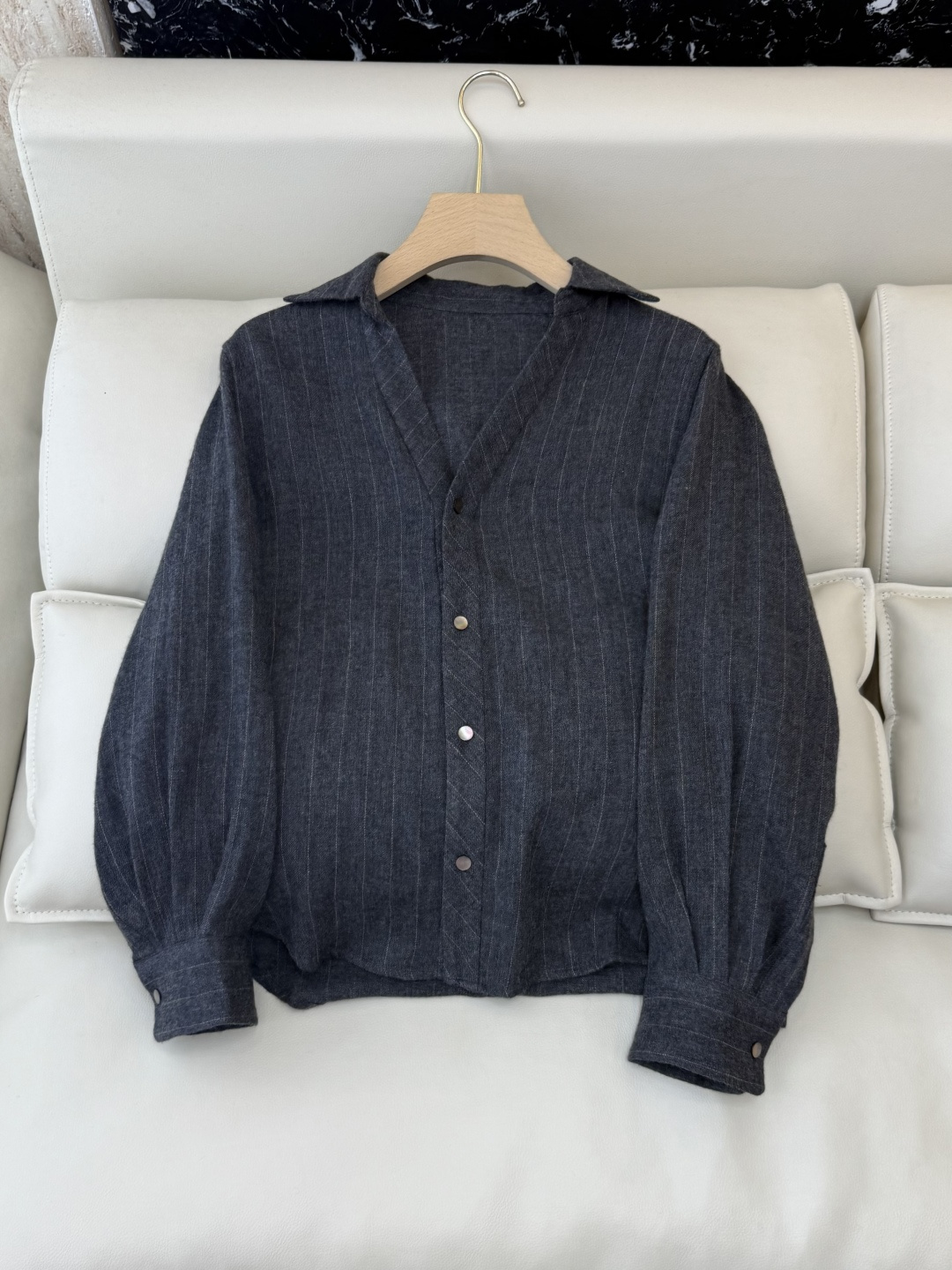 QD7934#新款衬衫💕The row 条纹100% 美丽奴羊毛 长袖衬衫 深灰色 SMLXL